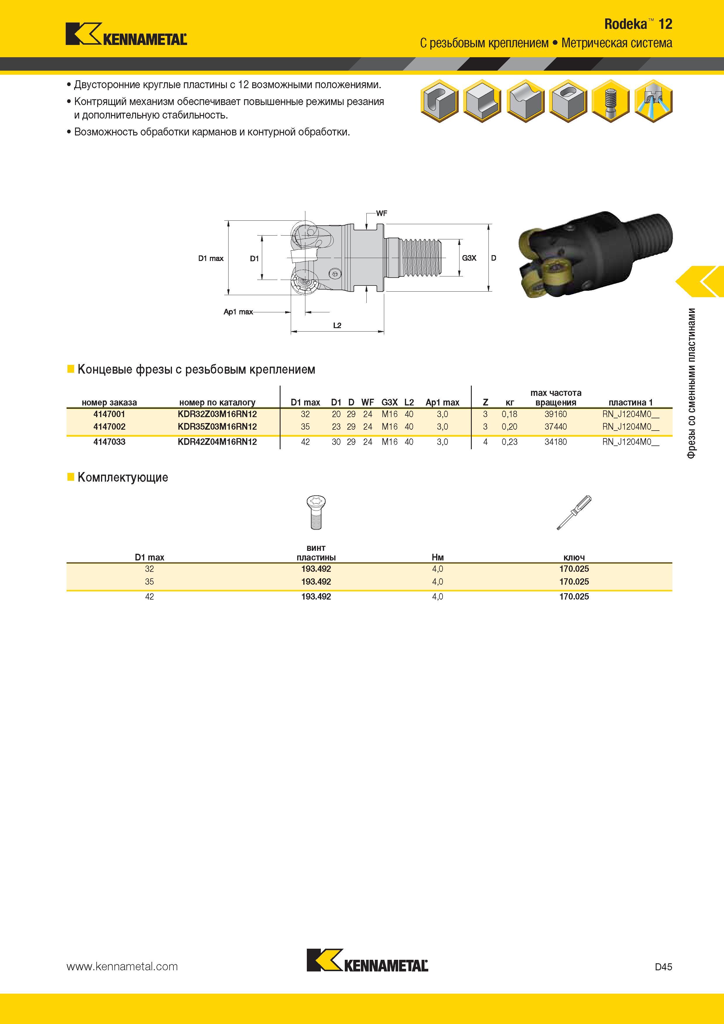 483 Kennametal Двусторонние круглые пластины с 12 возможными положениями Контрящий механизм обеспечивает повышенные режимы резания и дополнительную стабиль Каталог KENNAMETAL 2014 Инновации Новый металлорежущий инструмент и инструментальная оснастка для станков и станочных комплексов Стр. D45
