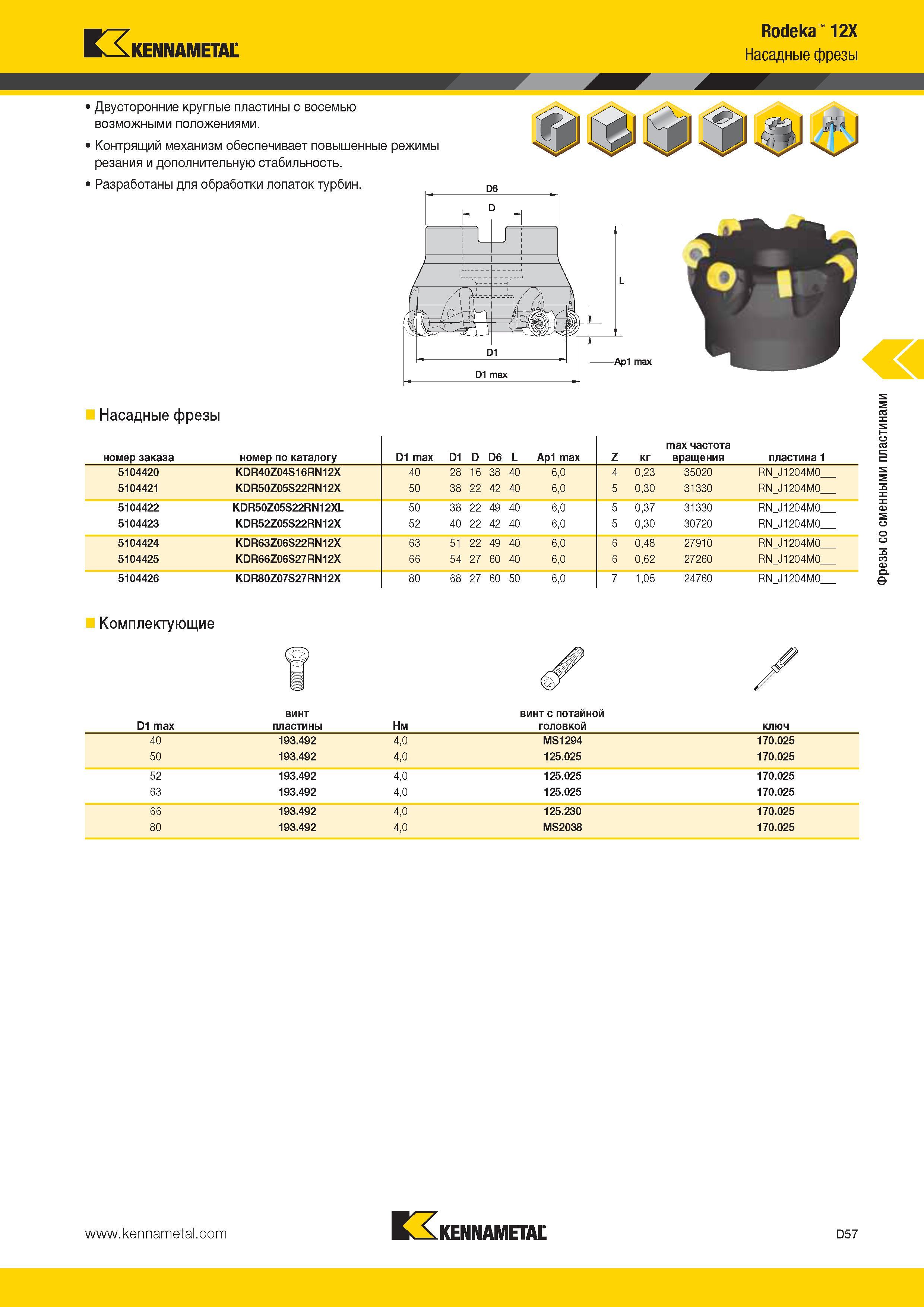 495 Kennametal Rodeka 12X Насадные фрезы Двусторонние круглые пластины с восемью возможными положениями Контрящий механизм обеспечивает повышенные режимы р Каталог KENNAMETAL 2014 Инновации Новый металлорежущий инструмент и инструментальная оснастка для станков и станочных комплексов Стр. D57