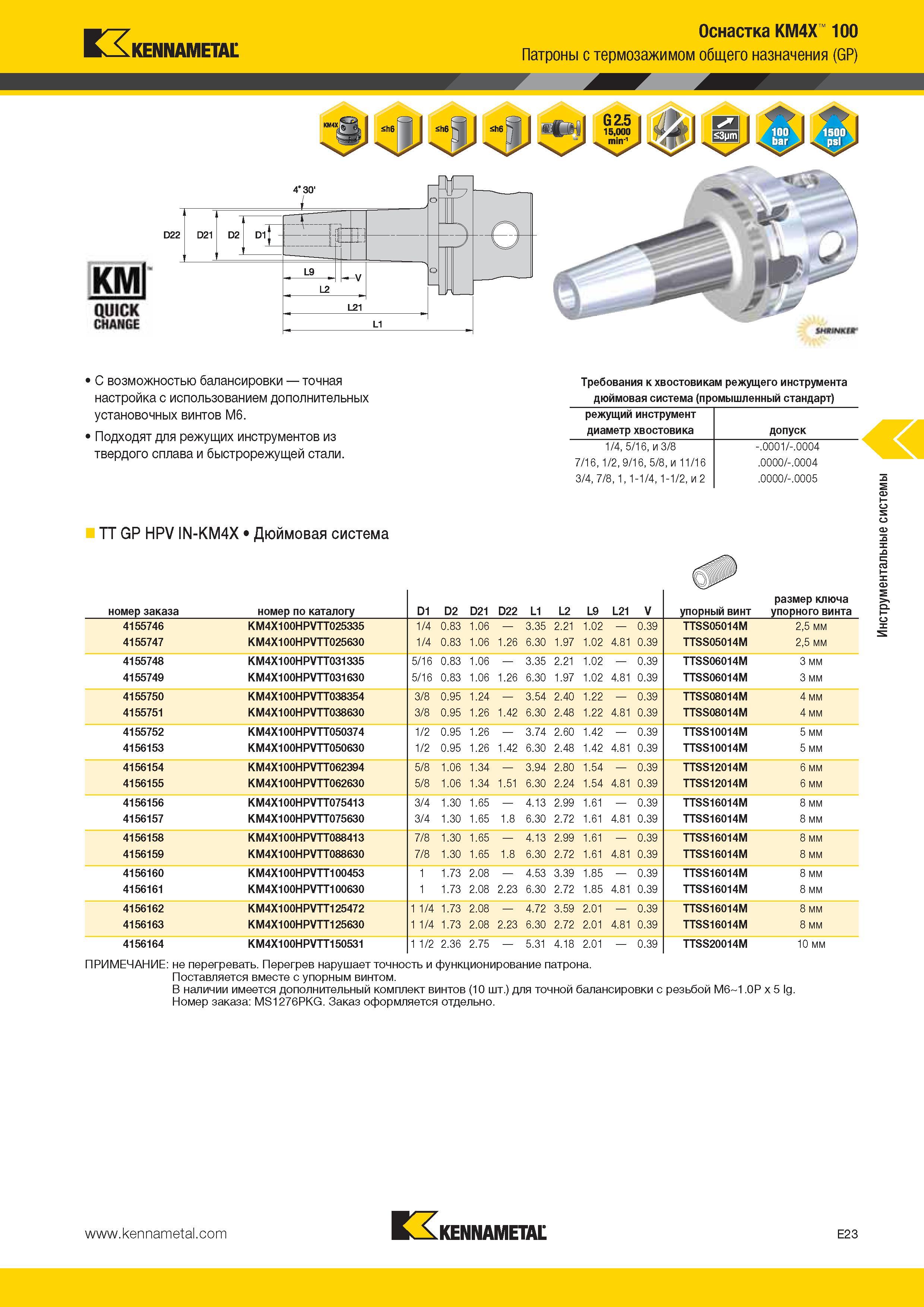 535 Kennametal Оснастка KM4X 100 Патроны с термозажимом общего назначения (GP) KMl QUICK CHANCE D22 D21 D2 DlT j i - 4 30' =L= L9 h V G2 5 15,000 min1 1 С Каталог KENNAMETAL 2014 Инновации Новый металлорежущий инструмент и инструментальная оснастка для станков и станочных комплексов Стр. E23