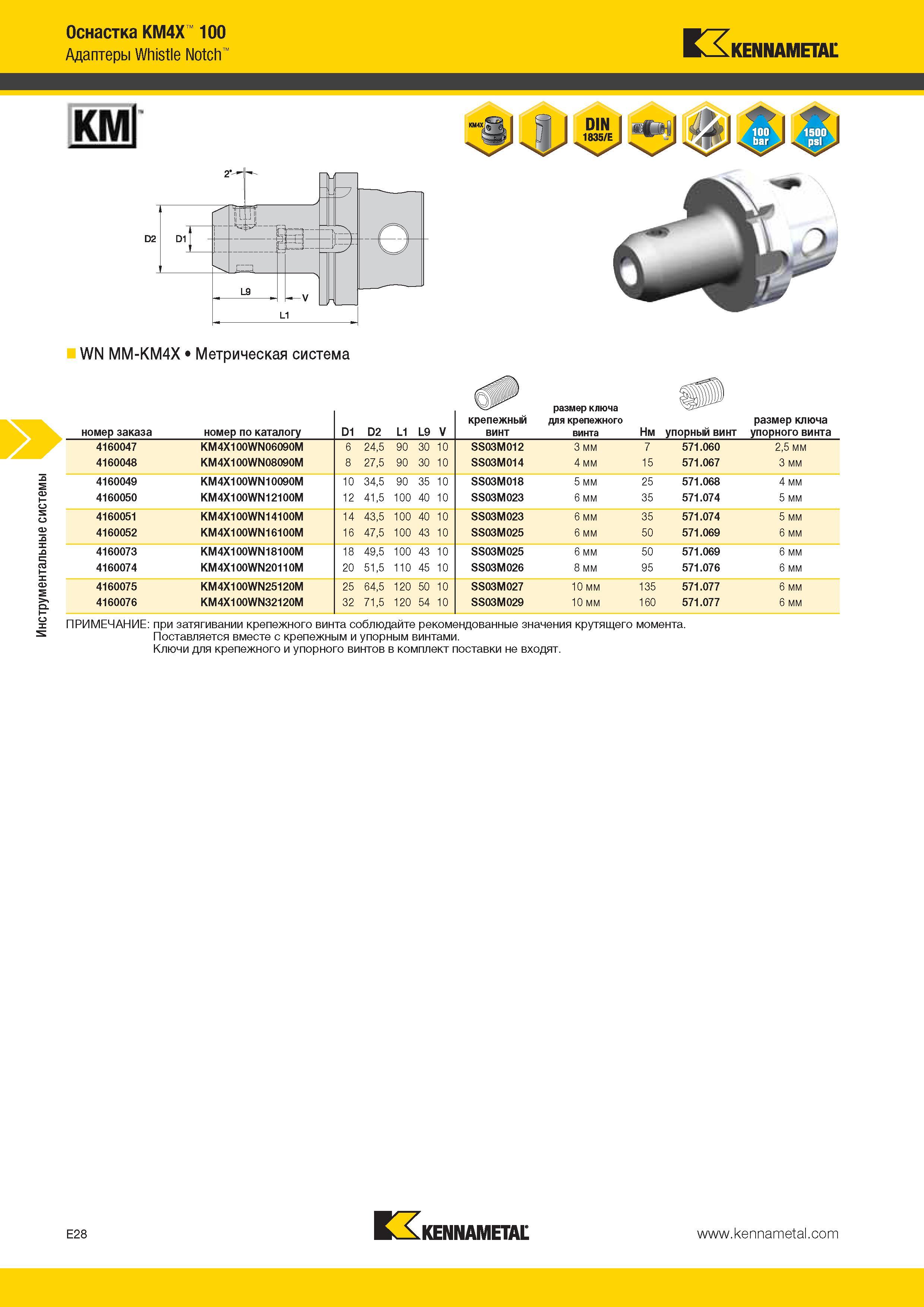 540 Инструментальные системы Оснастка KM4X 100 Адаптеры Whistle Notch Kennametal KMJ WN MM-KM4X Метрическая система номер заказа номер по каталогу D1 D2 L1 Каталог KENNAMETAL 2014 Инновации Новый металлорежущий инструмент и инструментальная оснастка для станков и станочных комплексов Стр. E28