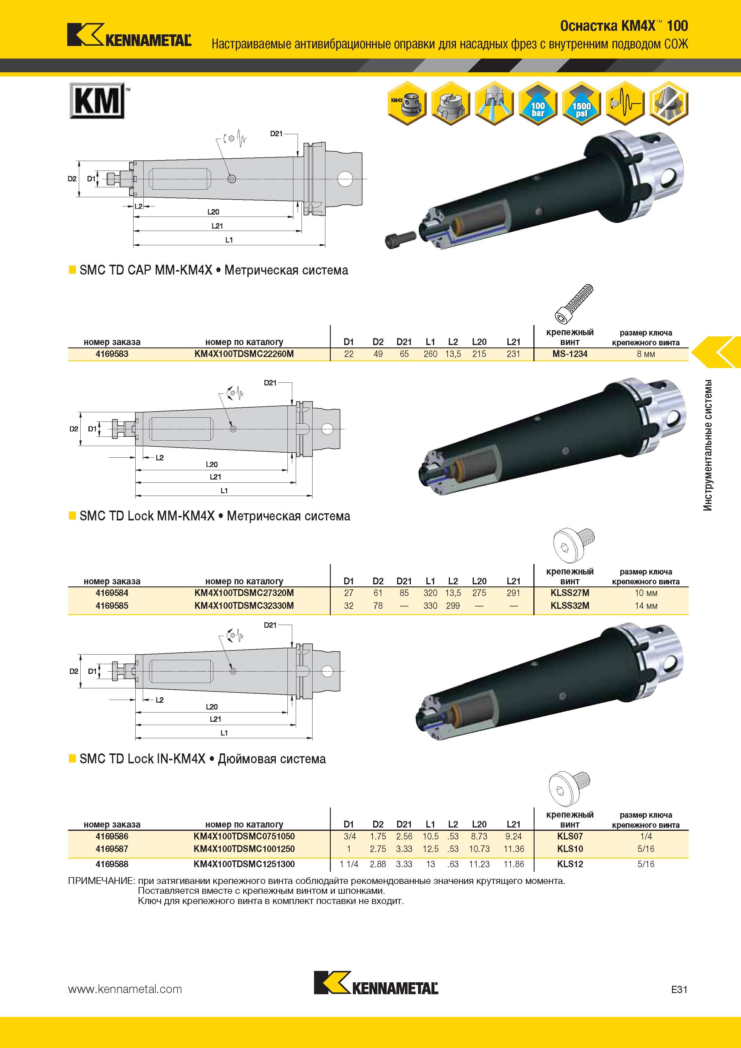 543 Оснастка KM4X 100 K Kennametal Настраиваемые антивибрационные оправки для насадных фрез с внутренним подводом СОЖ SMC TD CAP MM-KM4X Метрическая систем Каталог KENNAMETAL 2014 Инновации Новый металлорежущий инструмент и инструментальная оснастка для станков и станочных комплексов Стр. E31