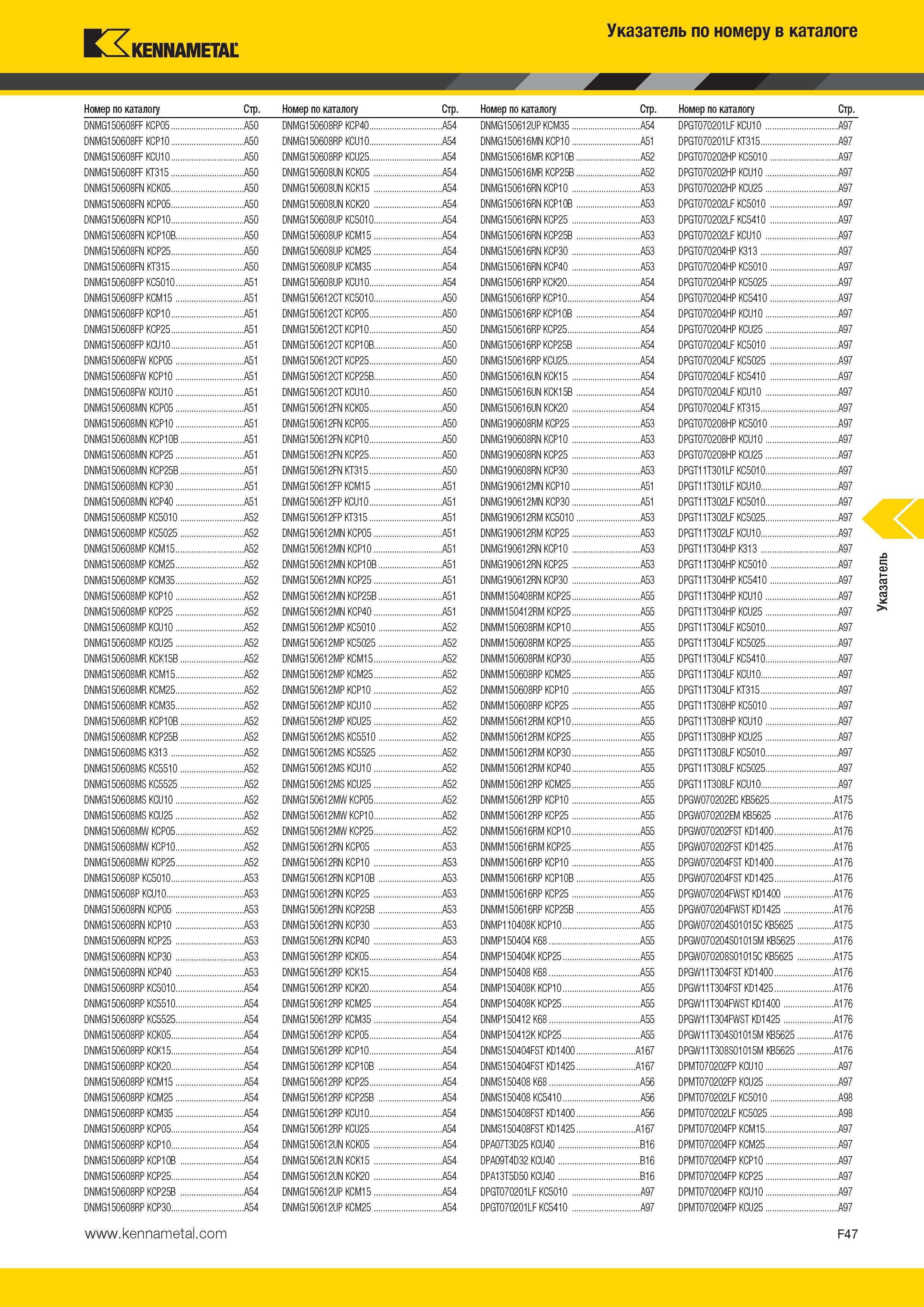 603 -7 Указатель по номеру в каталоге Kennametal V Номер по каталогу Стр Номер по каталогу Стр Номер по каталогу Стр Номер по каталогу Стр DNMG150608FF KCP Каталог KENNAMETAL 2014 Инновации Новый металлорежущий инструмент и инструментальная оснастка для станков и станочных комплексов Стр. F47