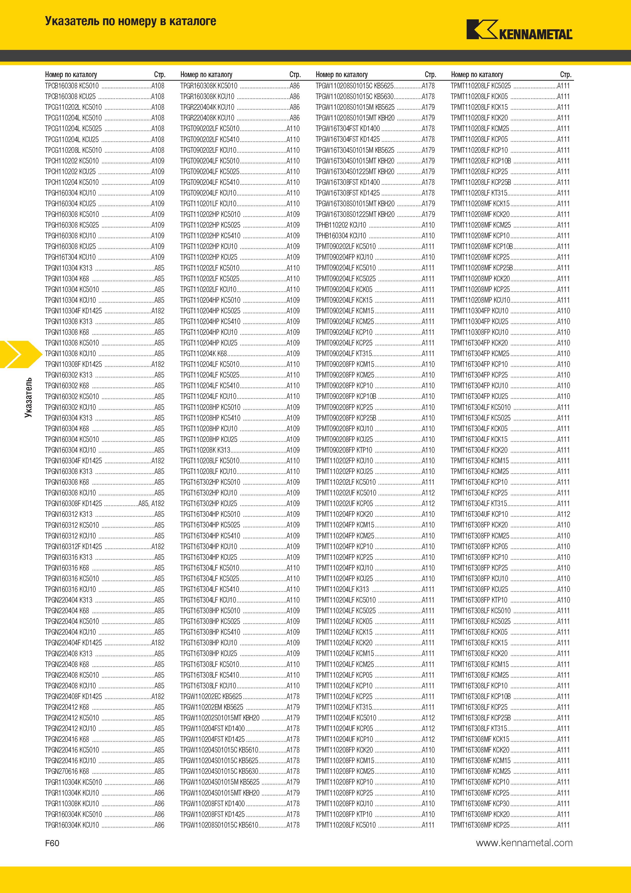 616 Указатель Указатель по номеру в каталоге EXKennametal Номер по каталогу Стр TPCB160308 KC5010 A108 TPCB160308 KCU25 A108 TPCG110202L KC5010 A108 TPCG11 Каталог KENNAMETAL 2014 Инновации Новый металлорежущий инструмент и инструментальная оснастка для станков и станочных комплексов Стр. F60