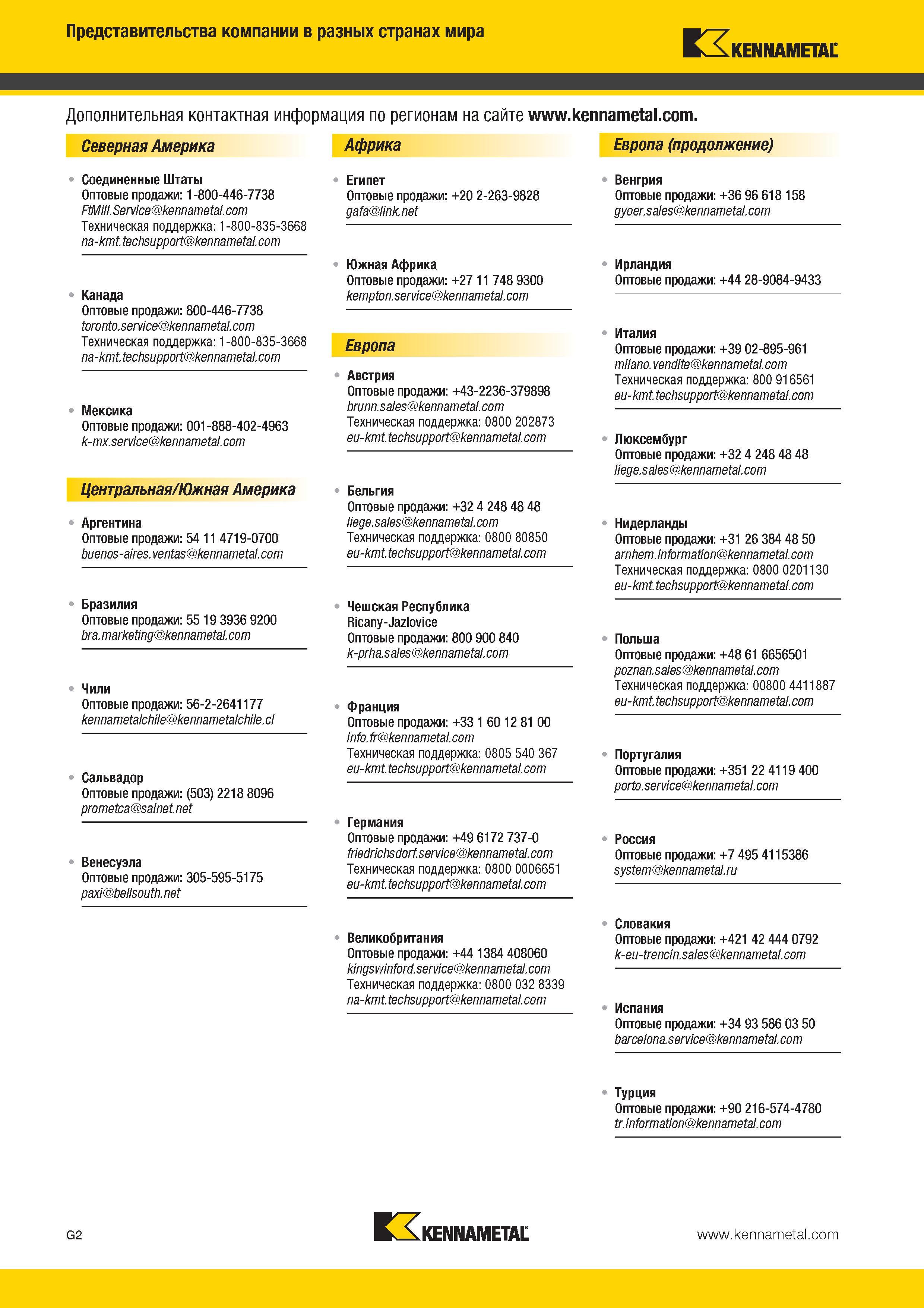 622 Представительства американской инструментальной компании Kennametal в разных странах мира Северная Америка Африка Европа Соединенные Штаты Оптовые прод Каталог KENNAMETAL 2014 Инновации Новый металлорежущий инструмент и инструментальная оснастка для станков и станочных комплексов Стр. G2