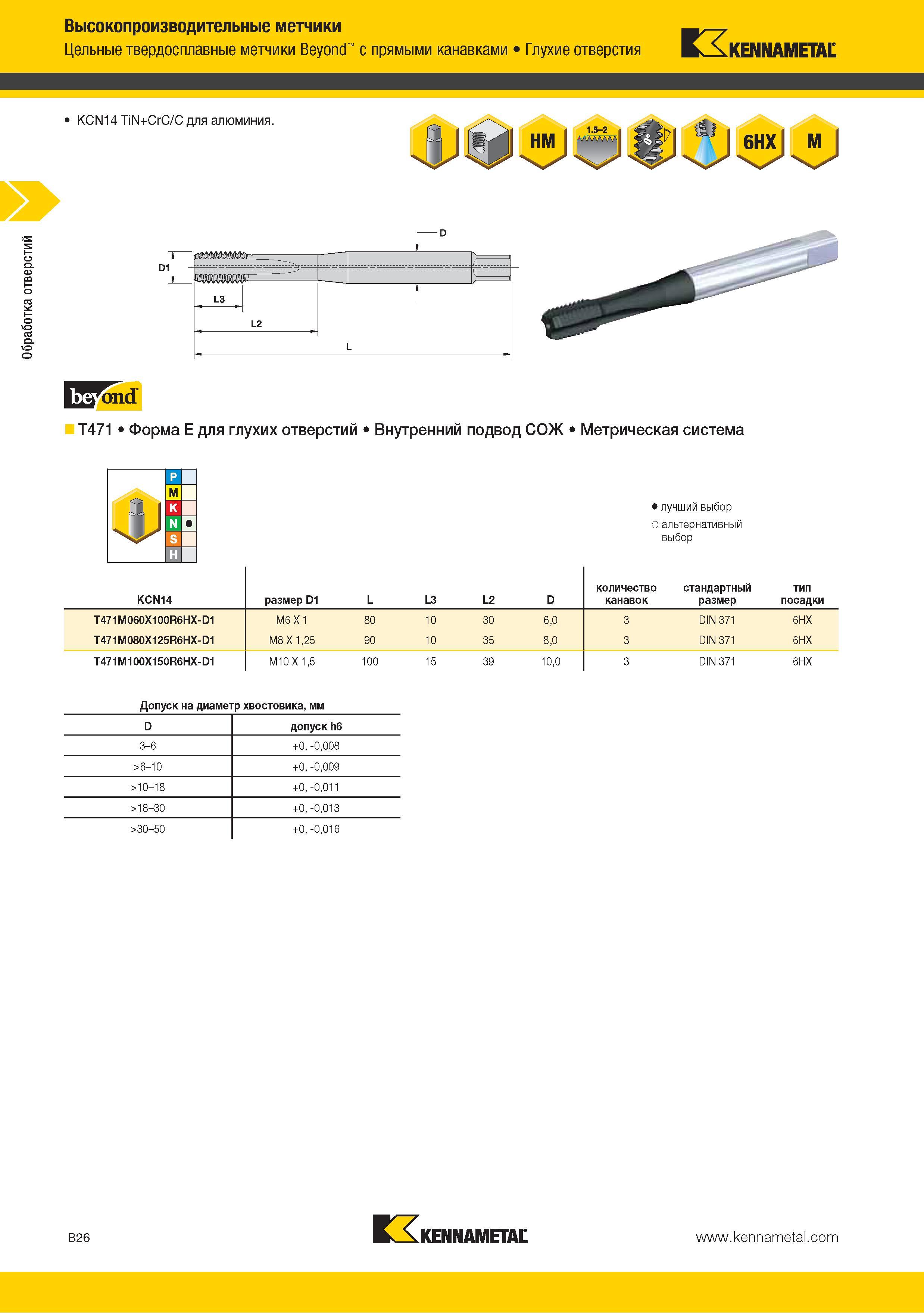 40 Цельные твердосплавные метчики Kennametal Beyond с прямыми стружечными канавками T471 Форма заборного конуса E для обработки глухих отверстий в металле и спл Каталог KENNAMETAL 2015 Инновации Металлорежущий инструмент и инструментальная оснастка для металлообработки Стр. B26