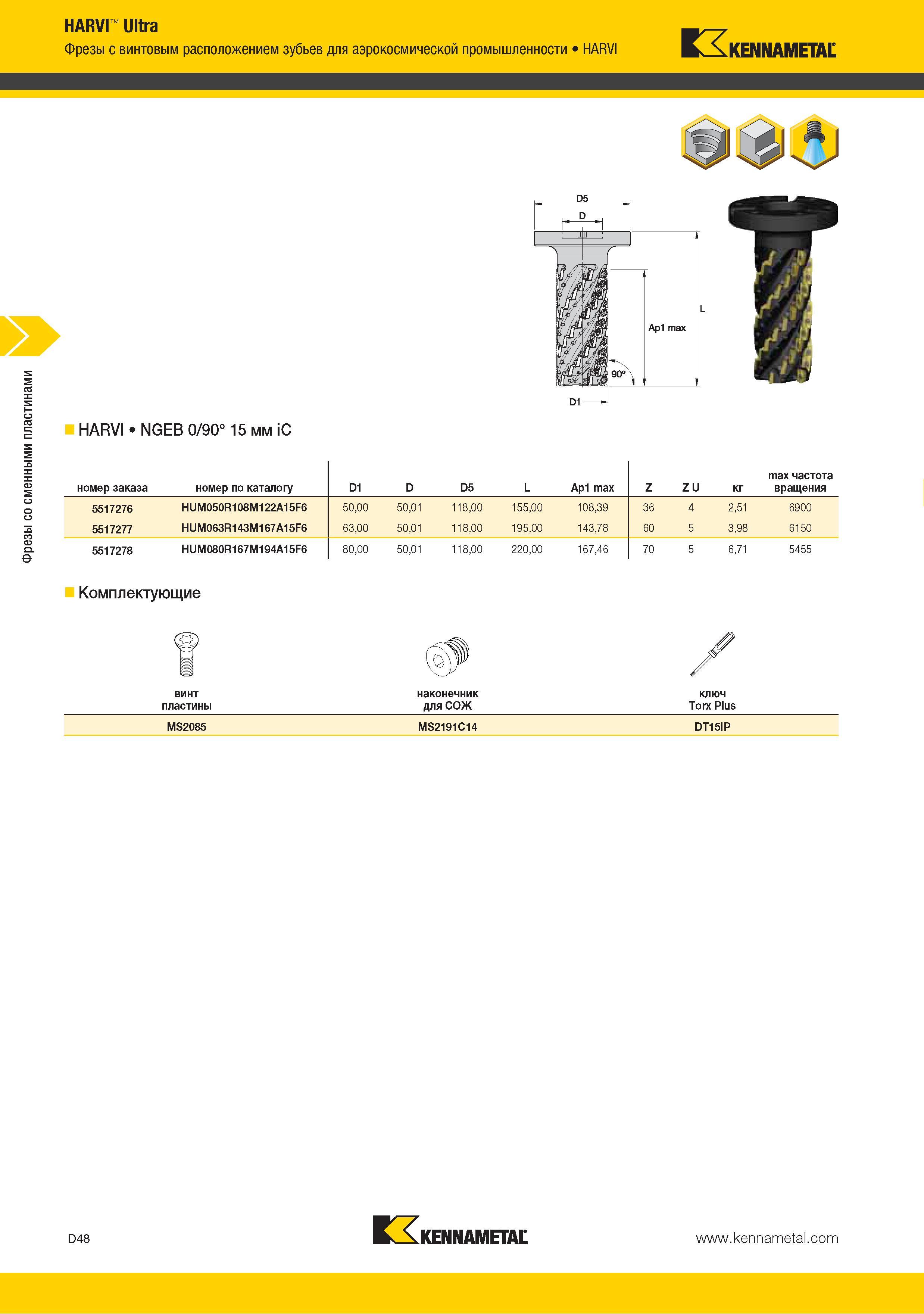 156 Длиннокромочные кукурузные сборные фрезы Kennametal HARVI Ultra с винтовым расположением режущих зубьев для фрезерных операций в аэрокосмической промышленнос Каталог KENNAMETAL 2015 Инновации Металлорежущий инструмент и инструментальная оснастка для металлообработки Стр. D48