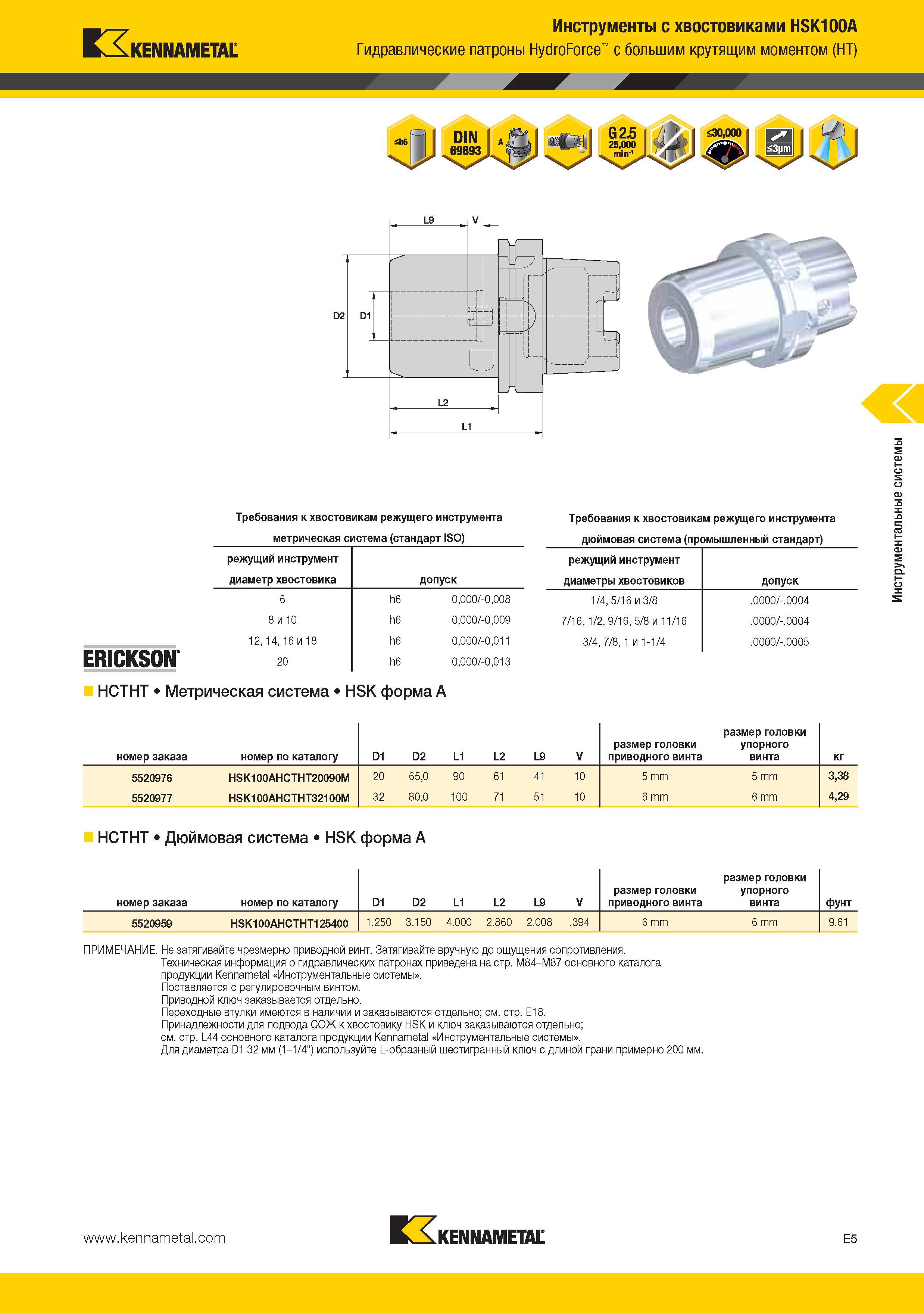 169 Гидравлические патроны Kennametal HydroForce с большим крутящим моментом (HT) ERICKSON Требования к хвостовикам режущего инструмента метрическая система (ста Каталог KENNAMETAL 2015 Инновации Металлорежущий инструмент и инструментальная оснастка для металлообработки Стр. E5