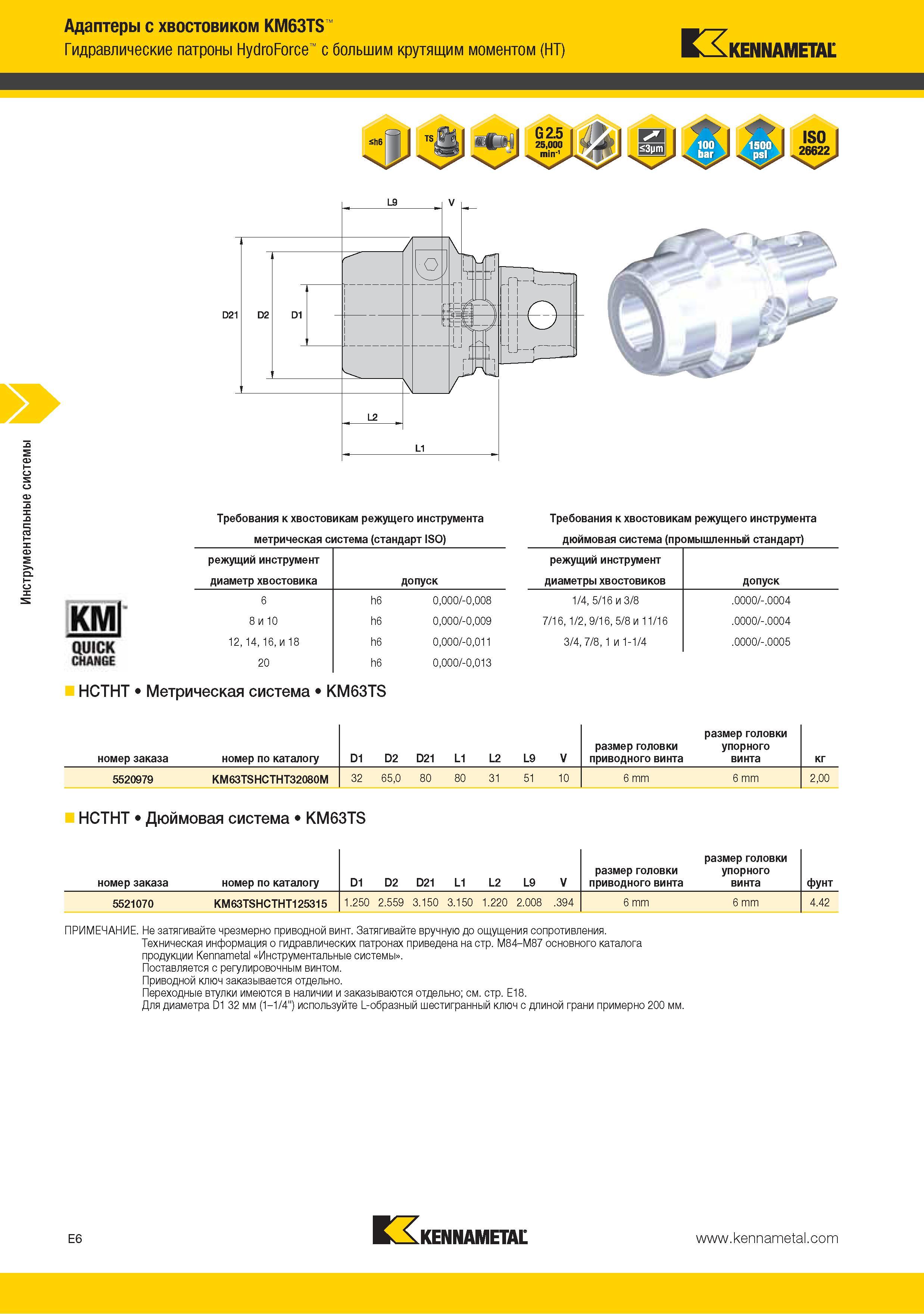 170 Адаптеры Kennametal с хвостовиком KM63TS Гидравлические патроны HydroForce с большим крутящим моментом (HT) Требования к хвостовикам режущего инструмента мет Каталог KENNAMETAL 2015 Инновации Металлорежущий инструмент и инструментальная оснастка для металлообработки Стр. E6