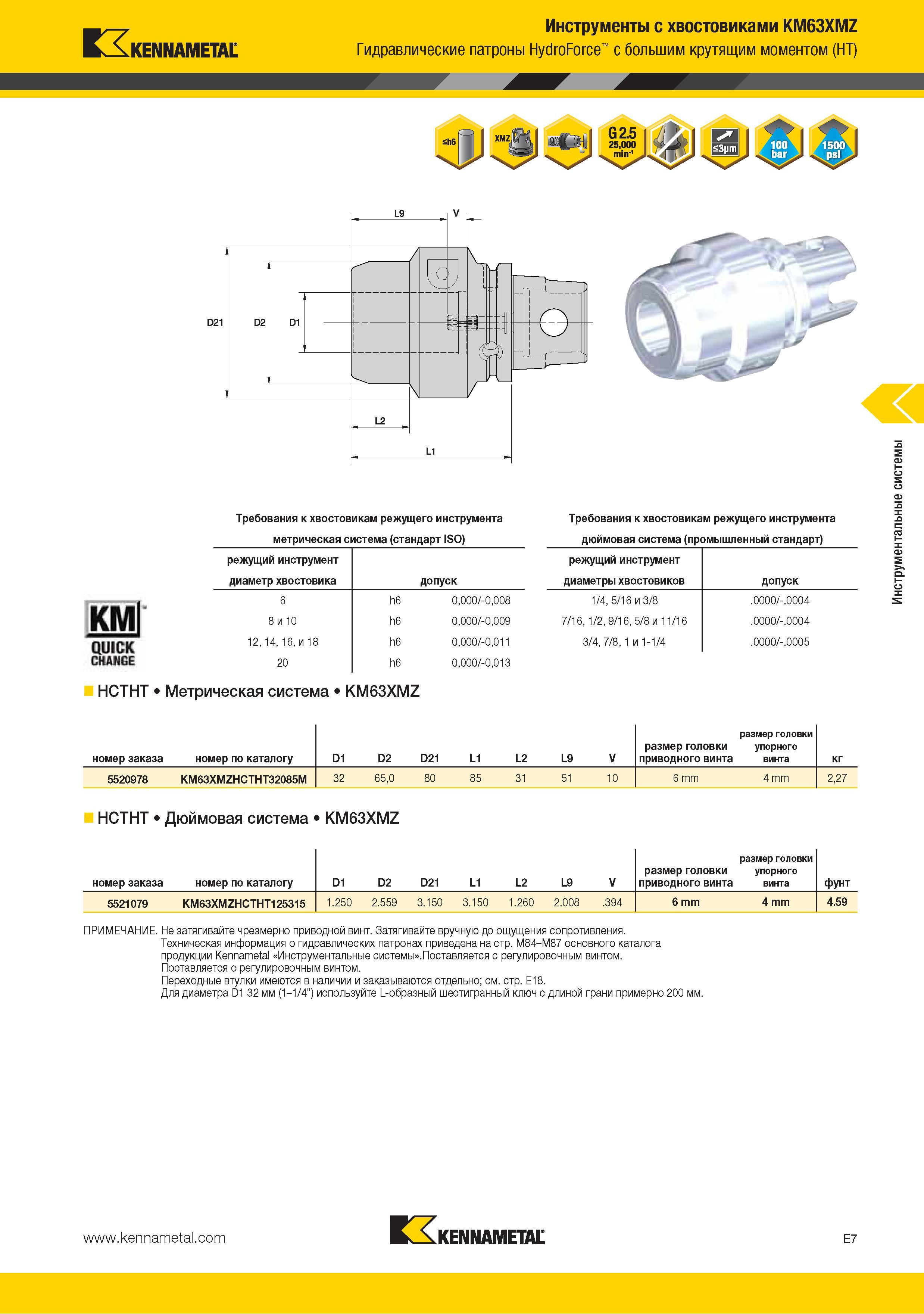 171 Гидравлические патроны Kennametal HydroForce с большим крутящим моментом (HT) Требования к хвостовикам режущего инструмента метрическая система (стандарт ISO Каталог KENNAMETAL 2015 Инновации Металлорежущий инструмент и инструментальная оснастка для металлообработки Стр. E7