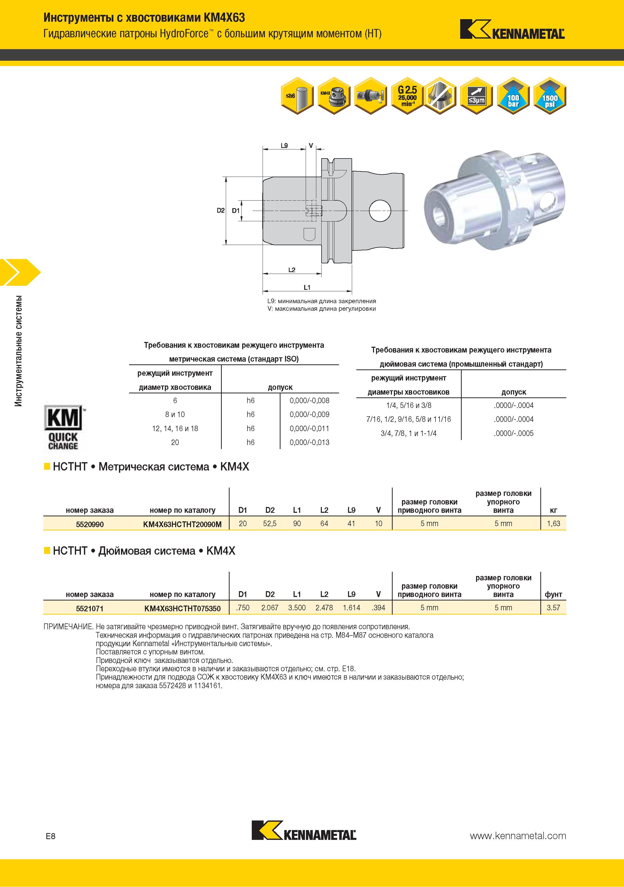 172 Инструменты Kennametal с хвостовиками KM4X63 Гидравлические патроны HydroForce с большим крутящим моментом (HT) Требования к хвостовикам режущего инструмента Каталог KENNAMETAL 2015 Инновации Металлорежущий инструмент и инструментальная оснастка для металлообработки Стр. E8