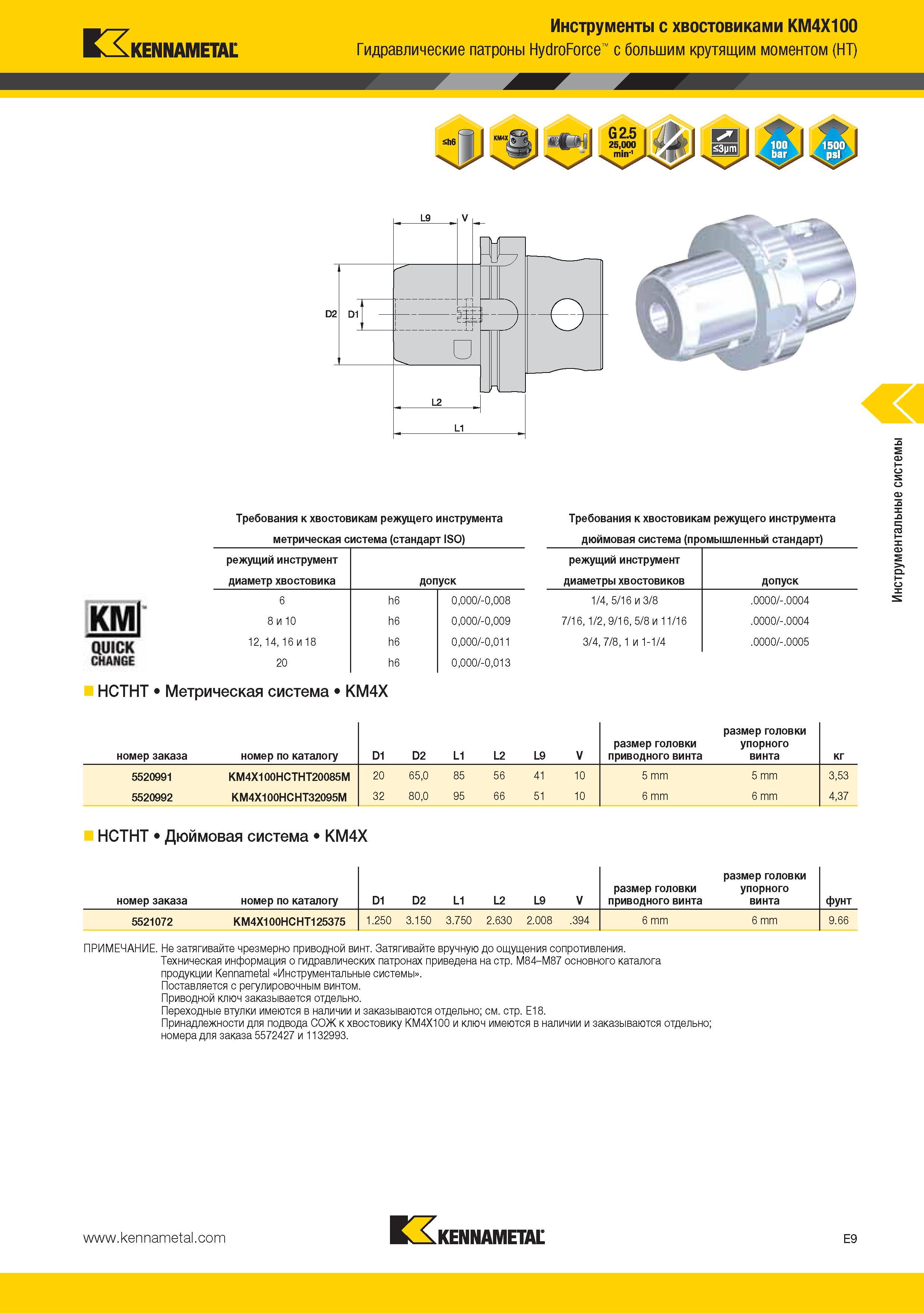 173 Инструменты Kennametal с хвостовиками KM4X100 Гидравлические патроны HydroForce с большим крутящим моментом (HT) Требования к хвостовикам режущего инструмент Каталог KENNAMETAL 2015 Инновации Металлорежущий инструмент и инструментальная оснастка для металлообработки Стр. E9