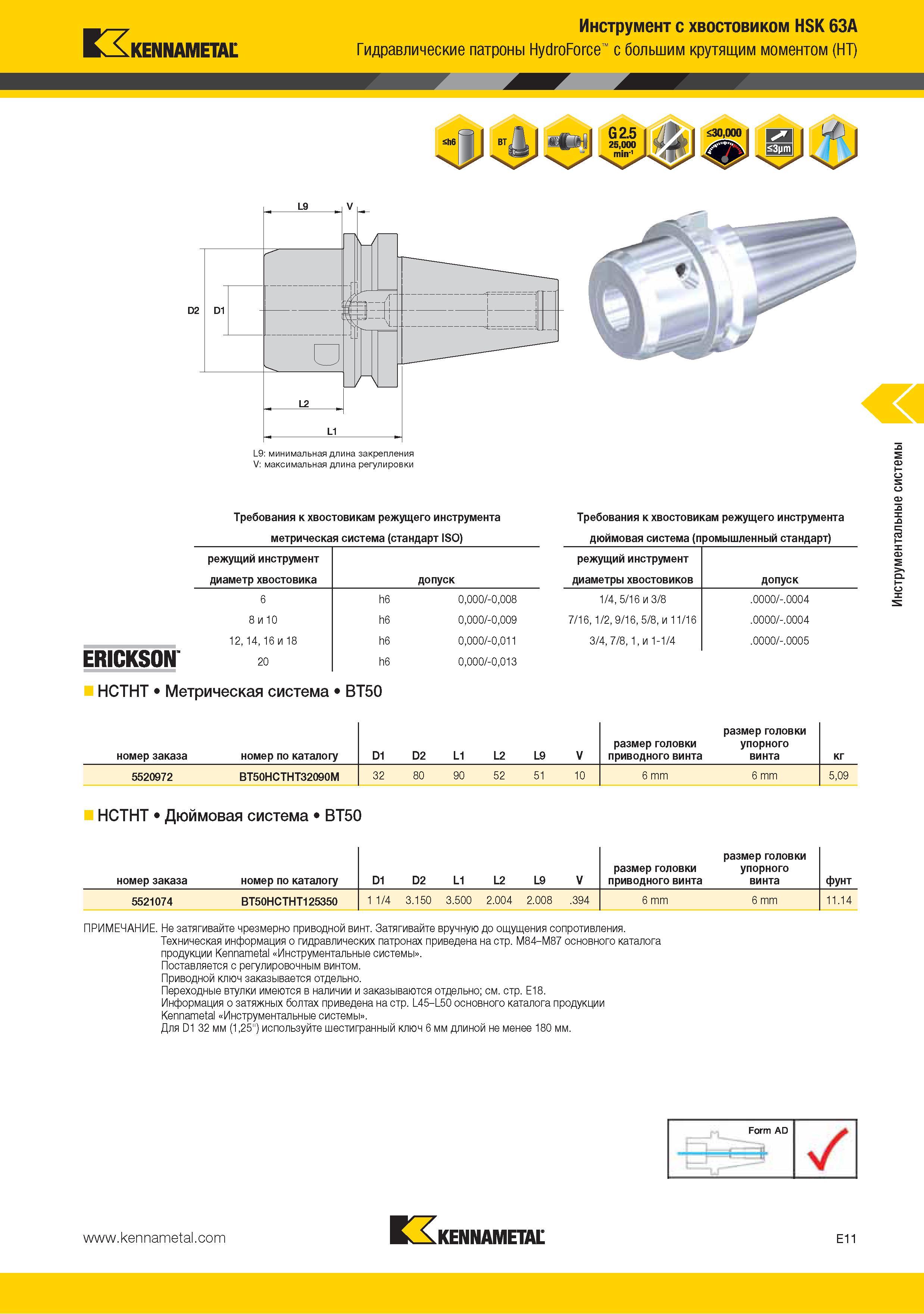 175 Вспомогательный станочный инструмент Kennametal с хвостовиком HSK 63A Гидравлические патроны HydroForce с большим крутящим моментом (HT) L9 минимальная длина Каталог KENNAMETAL 2015 Инновации Металлорежущий инструмент и инструментальная оснастка для металлообработки Стр. E11