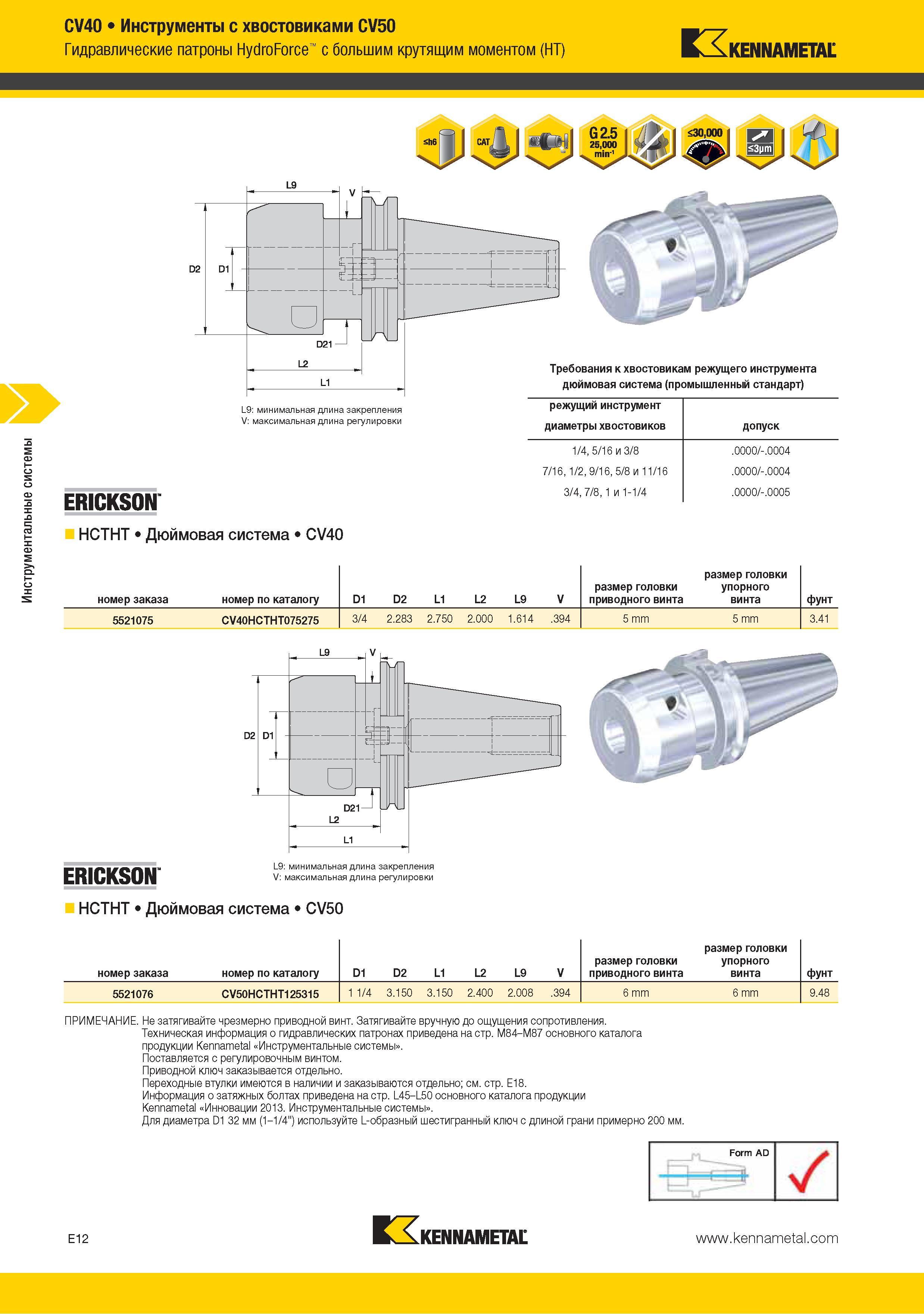 176 Вспомогательный станочный инструмент Kennametal с хвостовиками CV50 Гидравлические патроны HydroForce с большим крутящим моментом (HT) KENNAMETAL Требования Каталог KENNAMETAL 2015 Инновации Металлорежущий инструмент и инструментальная оснастка для металлообработки Стр. E12
