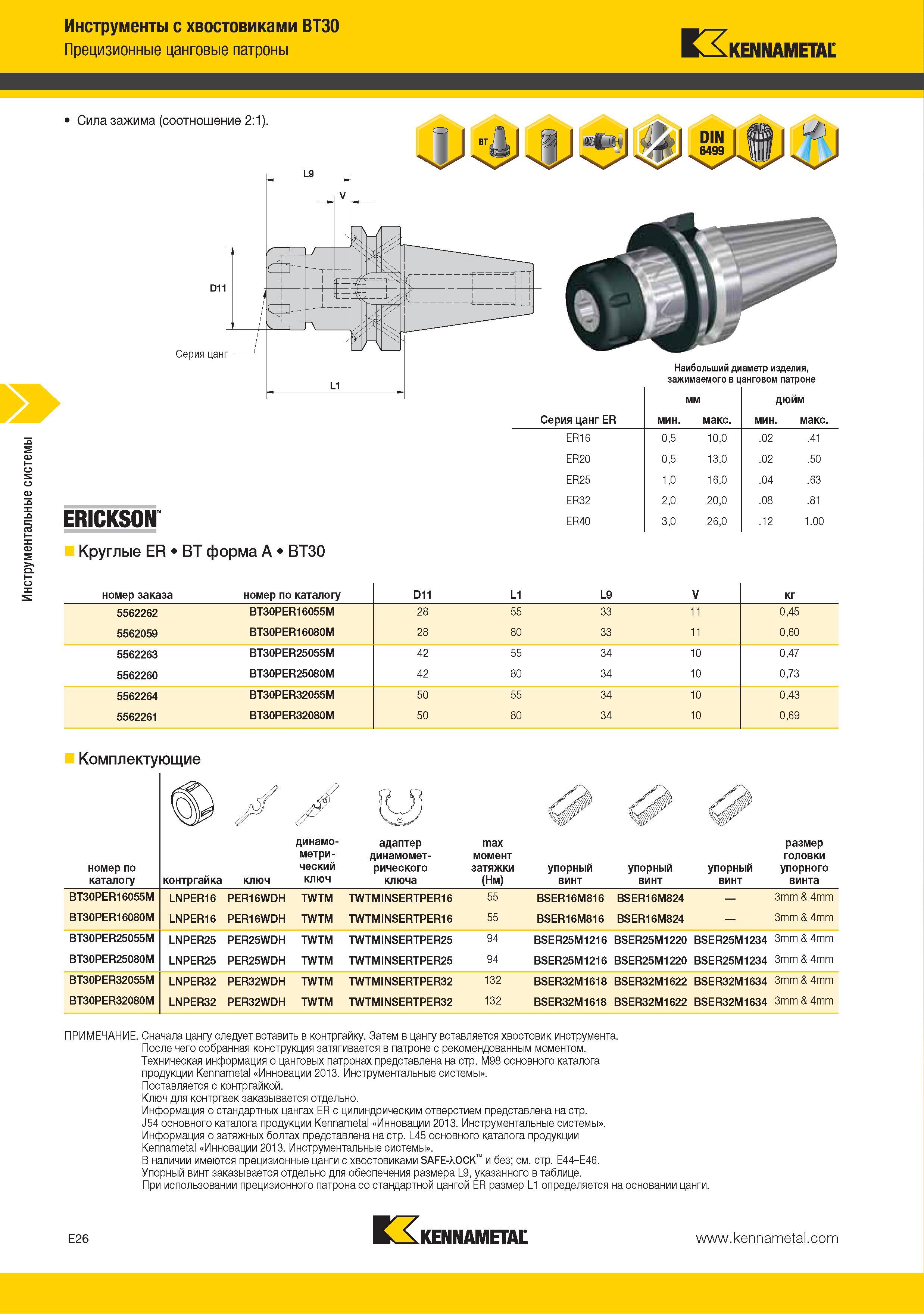 190 Прецизионные цанговые патроны Kennametal Инструменты с хвостовиками BT30 Сила зажима (соотношение 2:1) 414 01-94 D11 Серия цанг Наибольший диаметр изделия за Каталог KENNAMETAL 2015 Инновации Металлорежущий инструмент и инструментальная оснастка для металлообработки Стр. E26