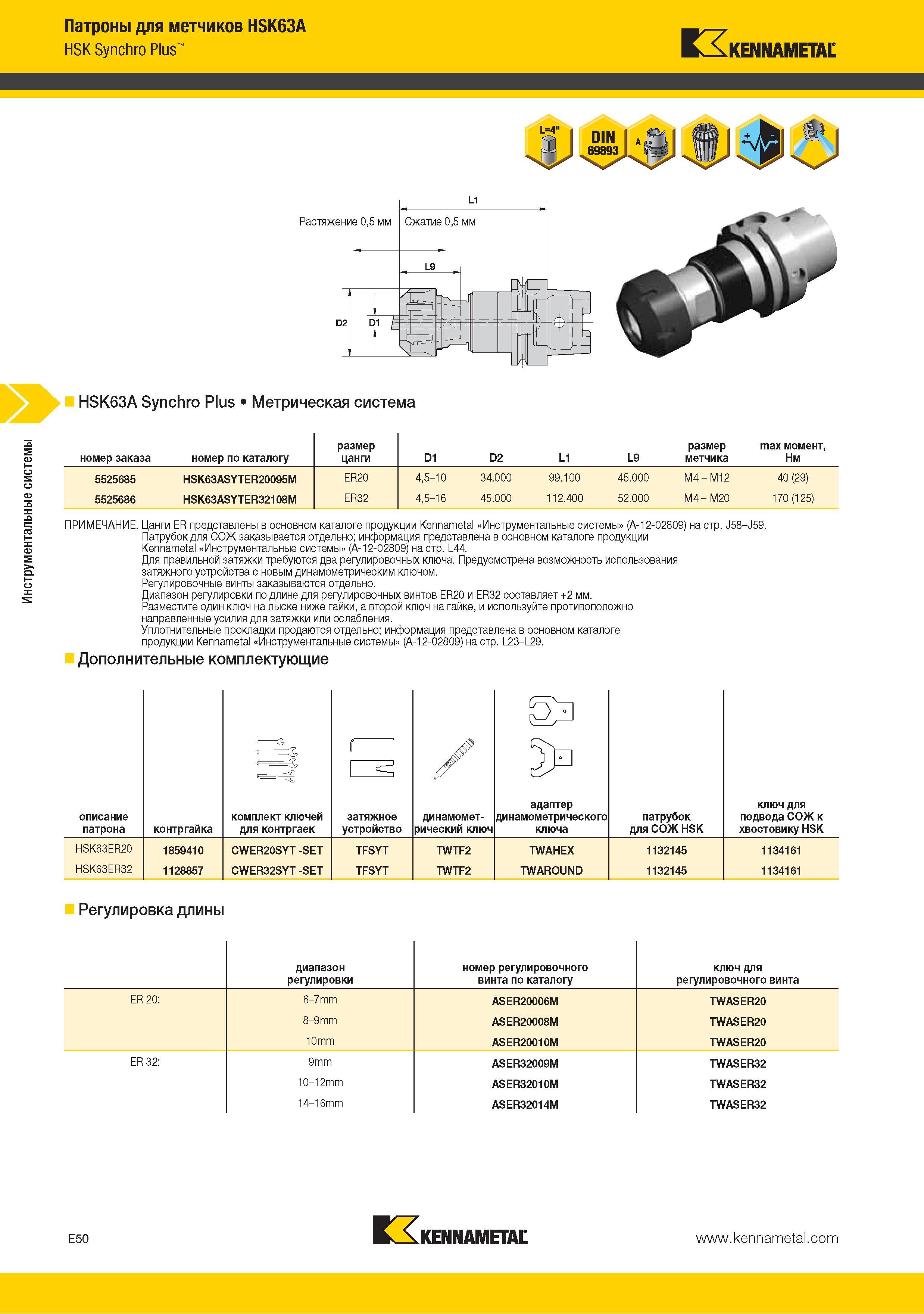 214 Резьбонарезные патроны Kennametal Synchro Plus для метчиков Вспомогательный шпиндельный инструмент с хвостовиком HSK63A Метрическое исполнение инструментальн Каталог KENNAMETAL 2015 Инновации Металлорежущий инструмент и инструментальная оснастка для металлообработки Стр. E50