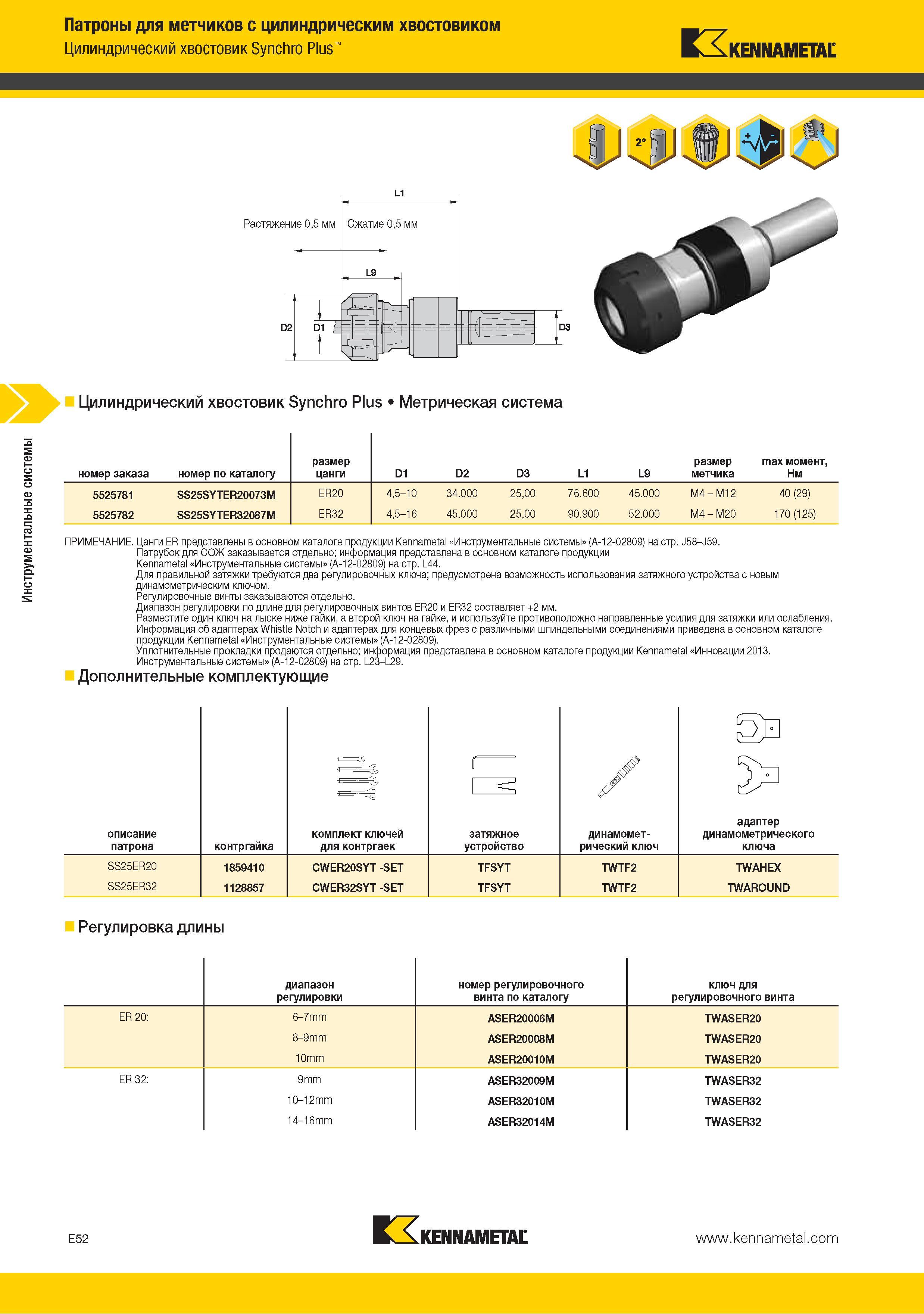 216 Патроны Kennametal для метчиков с цилиндрическим хвостовиком Synchro Plus KENNAMETAL Метрическая система Для правильной затяжки требуются два регулировочных Каталог KENNAMETAL 2015 Инновации Металлорежущий инструмент и инструментальная оснастка для металлообработки Стр. E52