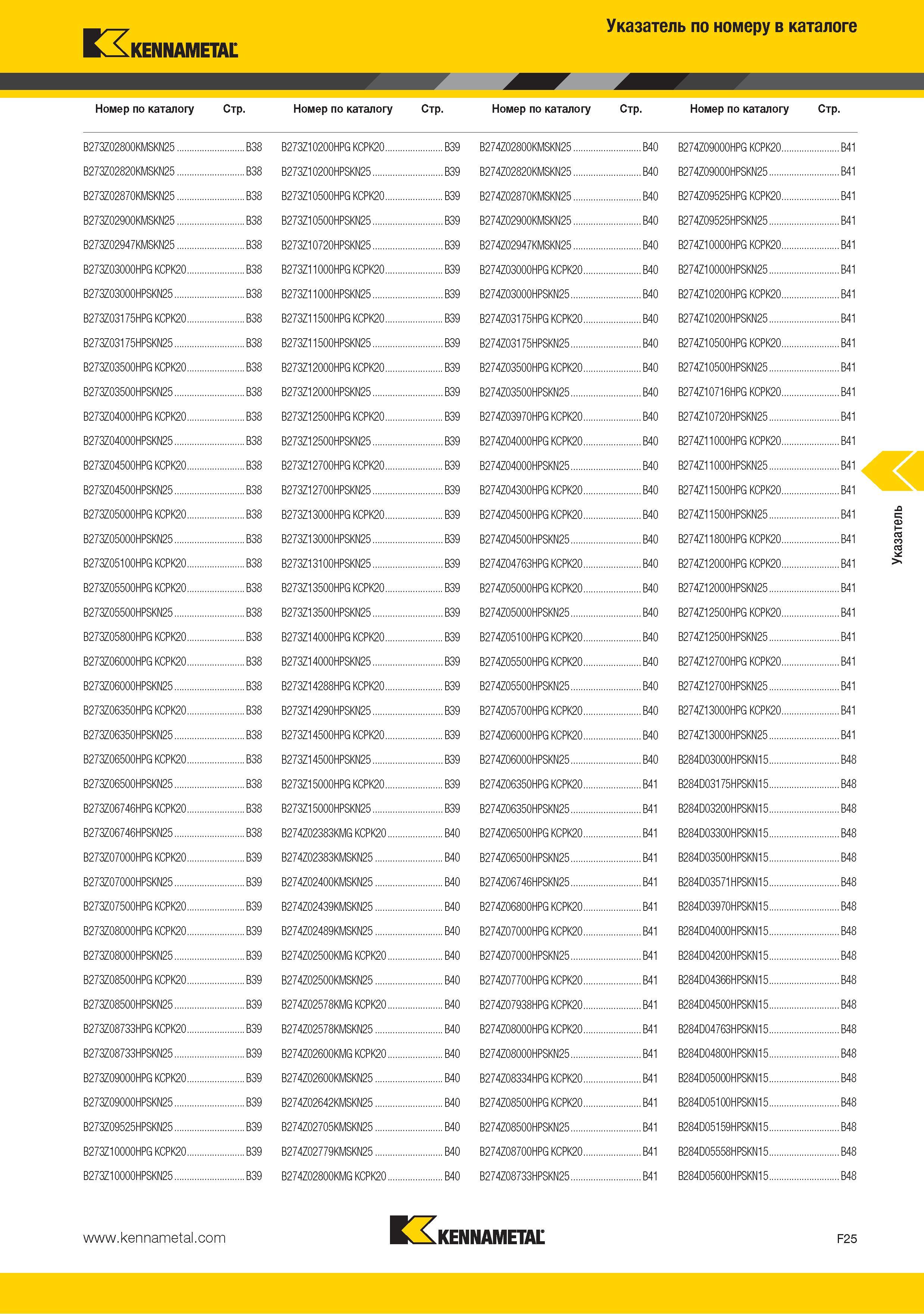 243 Поисковый индексный указатель по номеру в каталоге KENNAMETAL B273Z02800KMSKN25 B38 B273Z02820KMSKN25 B38 B273Z02870KMSKN25 B38 B273Z02900KMSKN25 B38 B273Z02 Каталог KENNAMETAL 2015 Инновации Металлорежущий инструмент и инструментальная оснастка для металлообработки Стр. F25