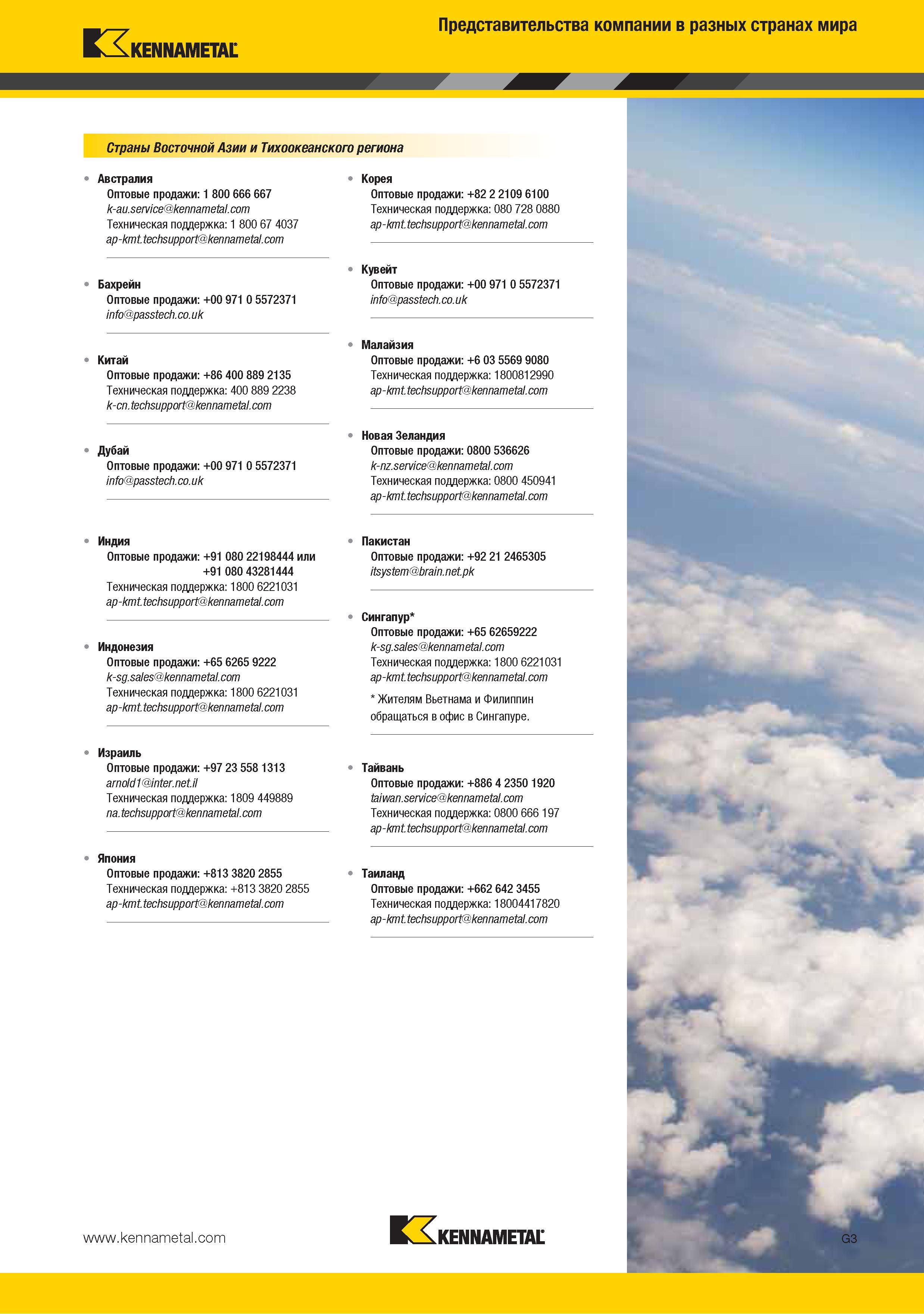 255 Адреса представительств инструментальной фирмы Kennametal в странах Восточной Азии и Тихоокеанского региона Австралия Бахрейн Дубай Корея Кувейт Малайзия Нов Каталог KENNAMETAL 2015 Инновации Металлорежущий инструмент и инструментальная оснастка для металлообработки Стр. G3