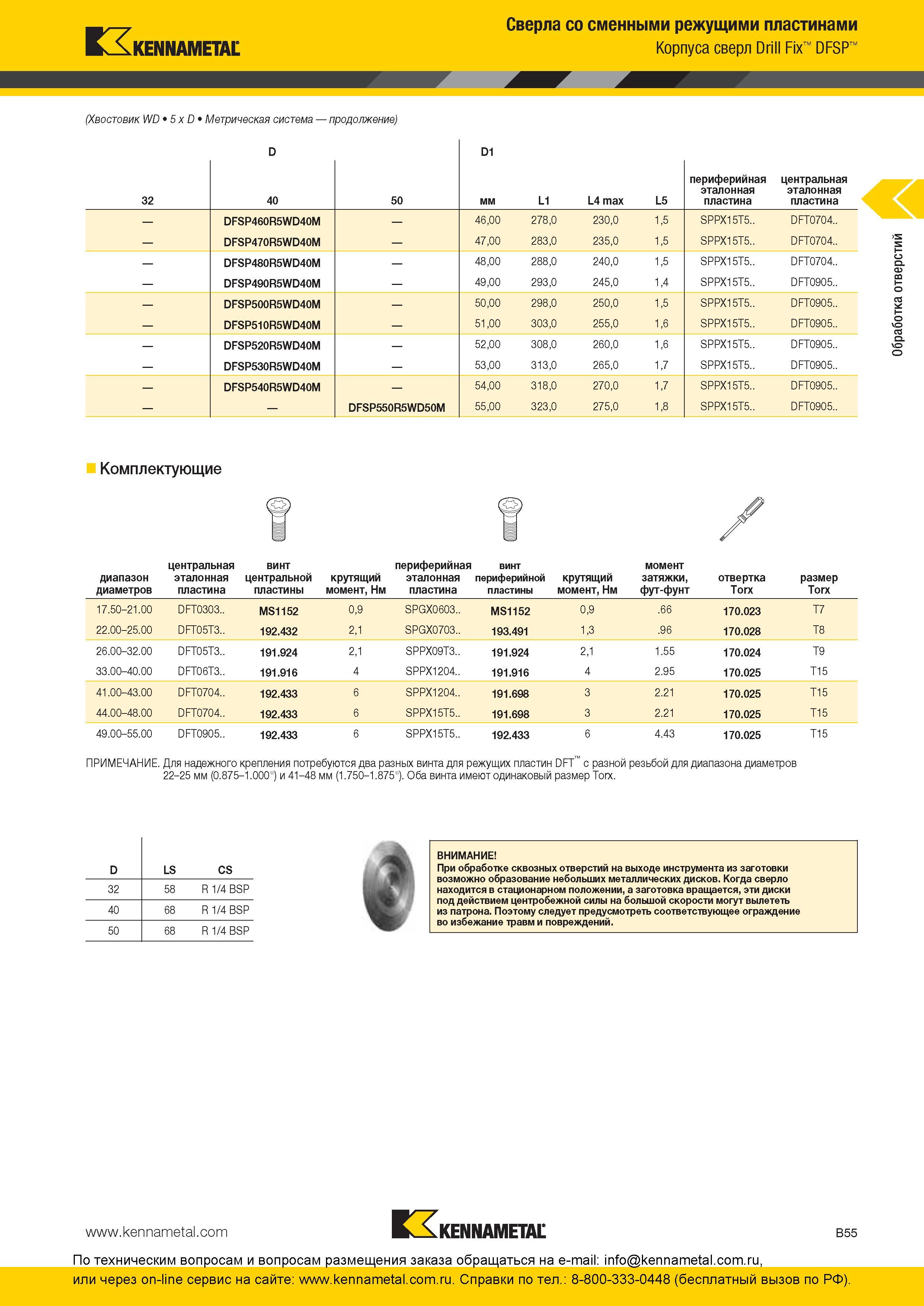 119 Сверла Kennametal со сменными режущими пластинами Корпуса сверл Drill Fix DFSP (Хвостовик WD 5 x D Метрическая система 32 D 40 50 D1 мм L1 L4 max L5 п Каталог KENNAMETAL 2016 Инновации Металлорежущий инструмент и инструментальная оснастка для обрабатывающего оборудования Стр. B55