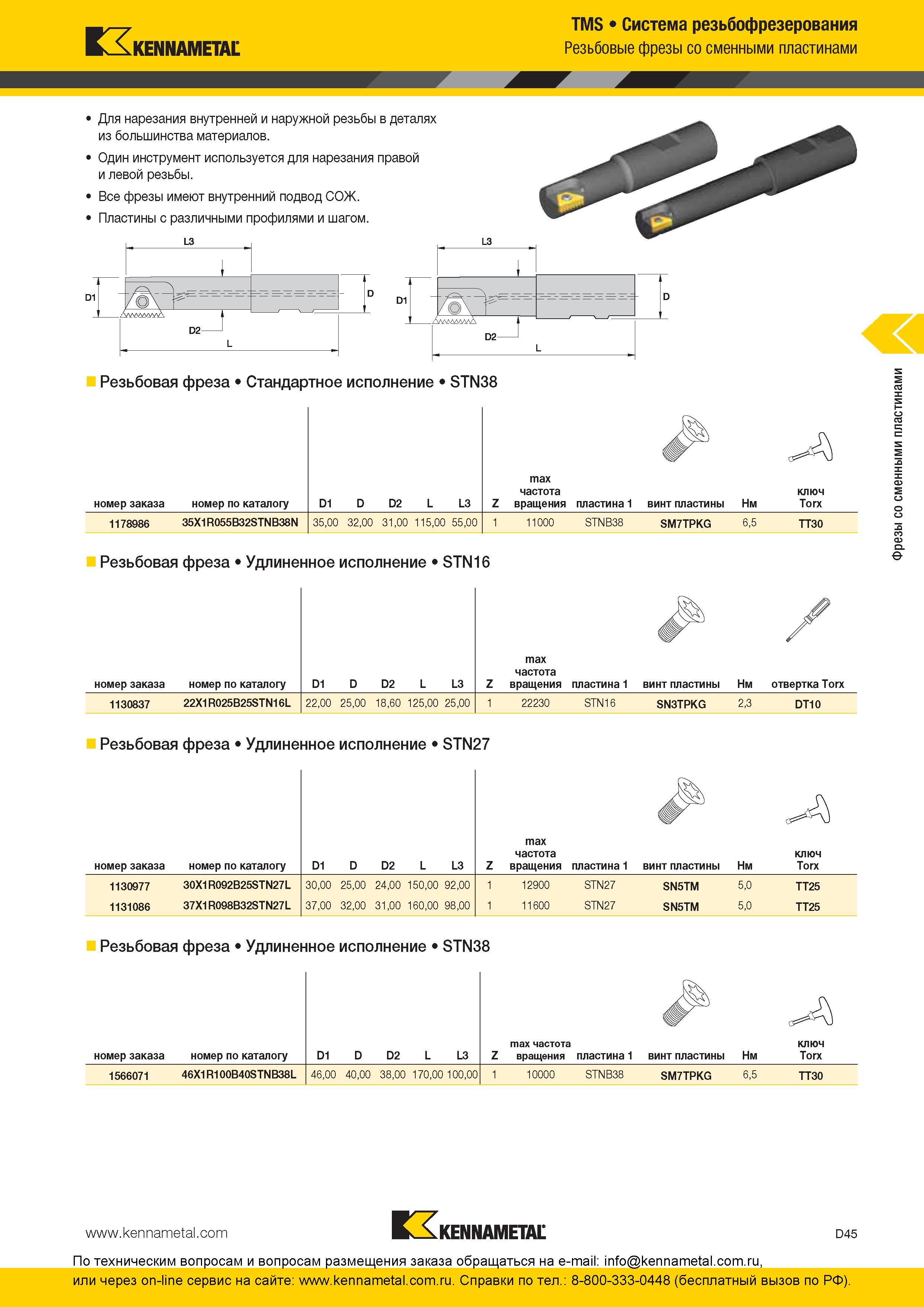 205 Американский резьбонарезной фрезерный инструмент Kennametal с твердосплавными сменными режущими пластинами Общий вид и основные характеристики Для выс Каталог KENNAMETAL 2016 Инновации Металлорежущий инструмент и инструментальная оснастка для обрабатывающего оборудования Стр. D45