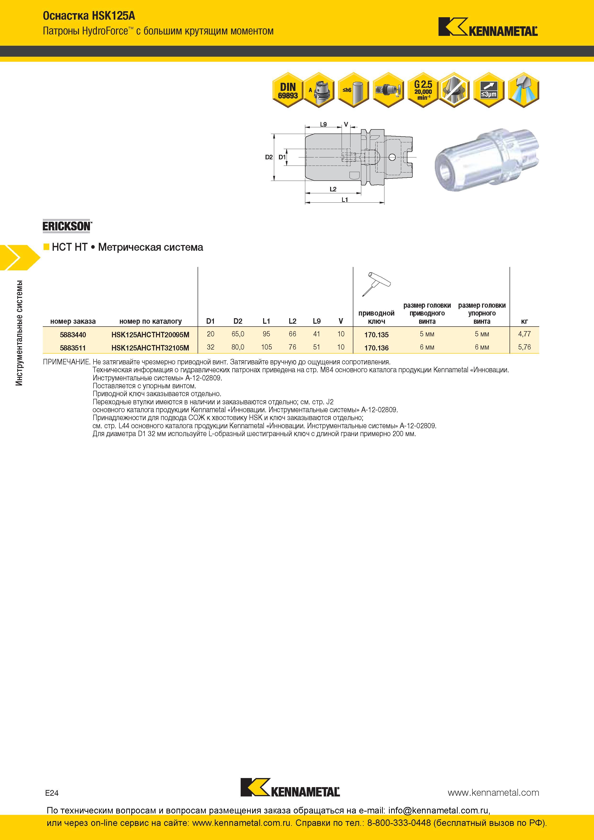 284 Инструментальные системы Оснастка Kennametal HSK125A Патроны ERICKSON HCT HT HydroForce с большим крутящим моментом Метрическая система номер заказа н Каталог KENNAMETAL 2016 Инновации Металлорежущий инструмент и инструментальная оснастка для обрабатывающего оборудования Стр. E24
