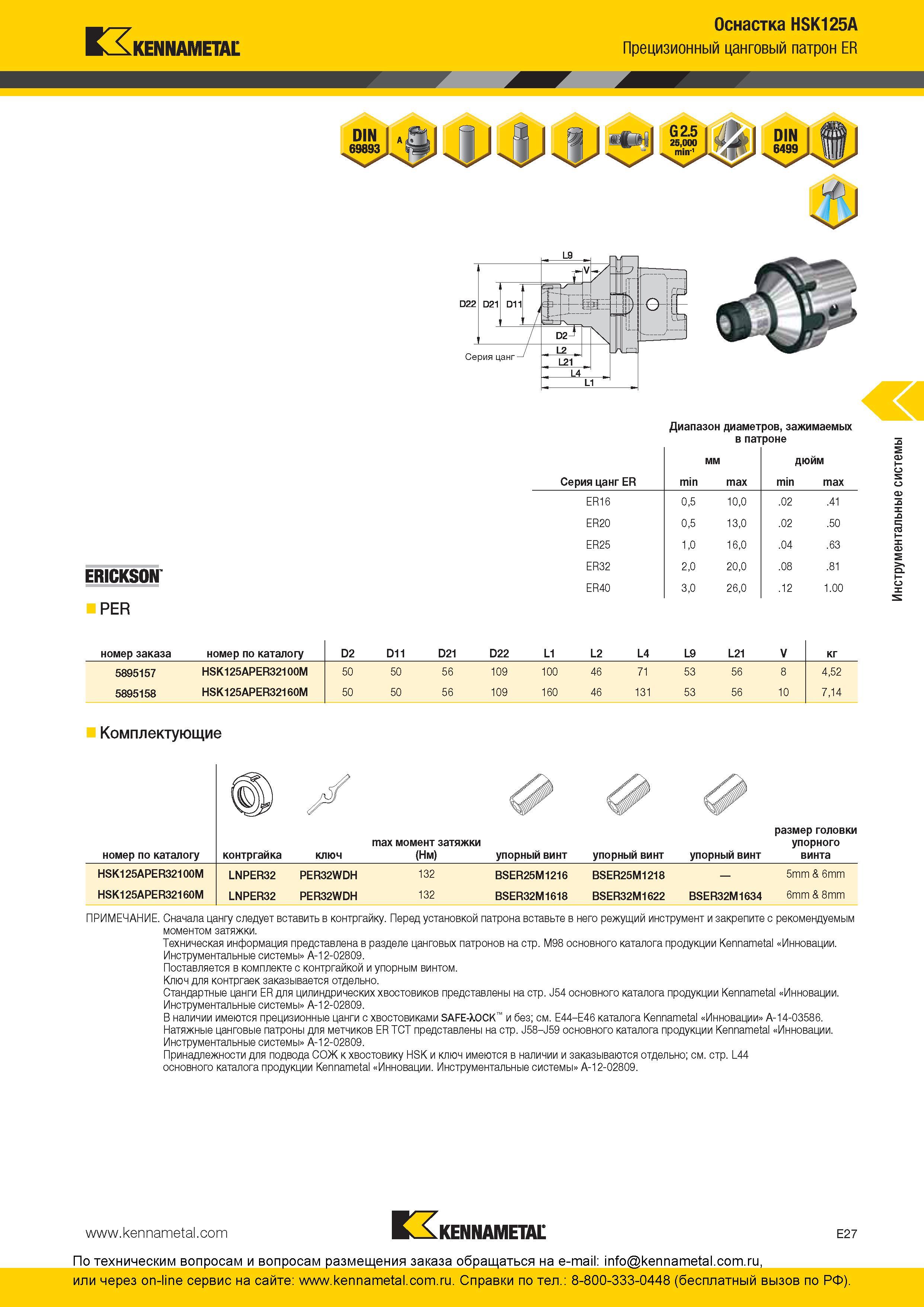 287 Прецизионный цанговый патрон Kennametal ER HSK125A Диапазон диаметров зажимаемых в патроне ERICKSON PER Серия цанг ER min мм max min дюйм max ER16 0,5 Каталог KENNAMETAL 2016 Инновации Металлорежущий инструмент и инструментальная оснастка для обрабатывающего оборудования Стр. E27
