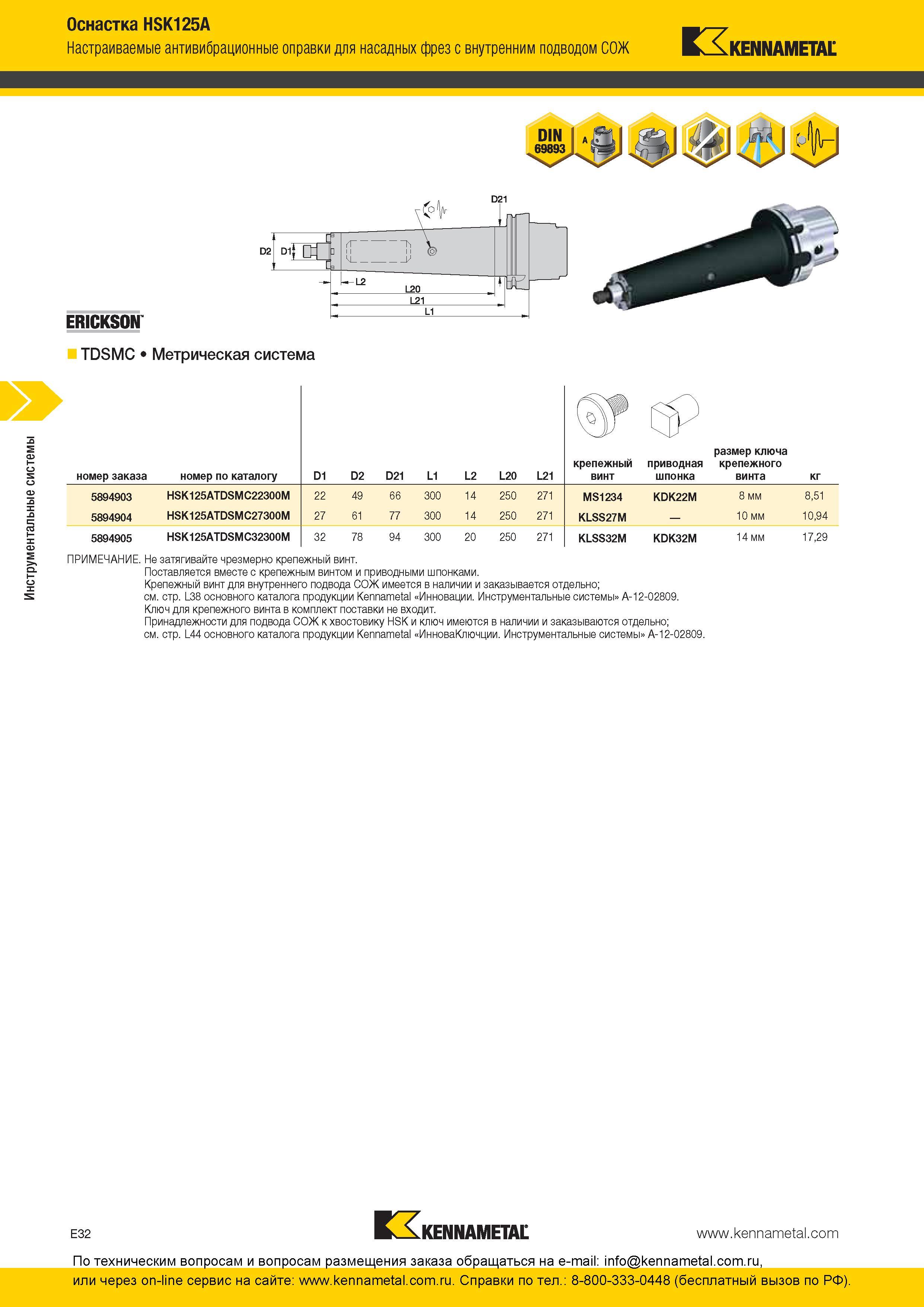 292 Инструментальные системы Оснастка Kennametal HSK125A Настраиваемые антивибрационные оправки для насадных фрез с внутренним подводом СОЖ ERICKSON с 01 Каталог KENNAMETAL 2016 Инновации Металлорежущий инструмент и инструментальная оснастка для обрабатывающего оборудования Стр. E32