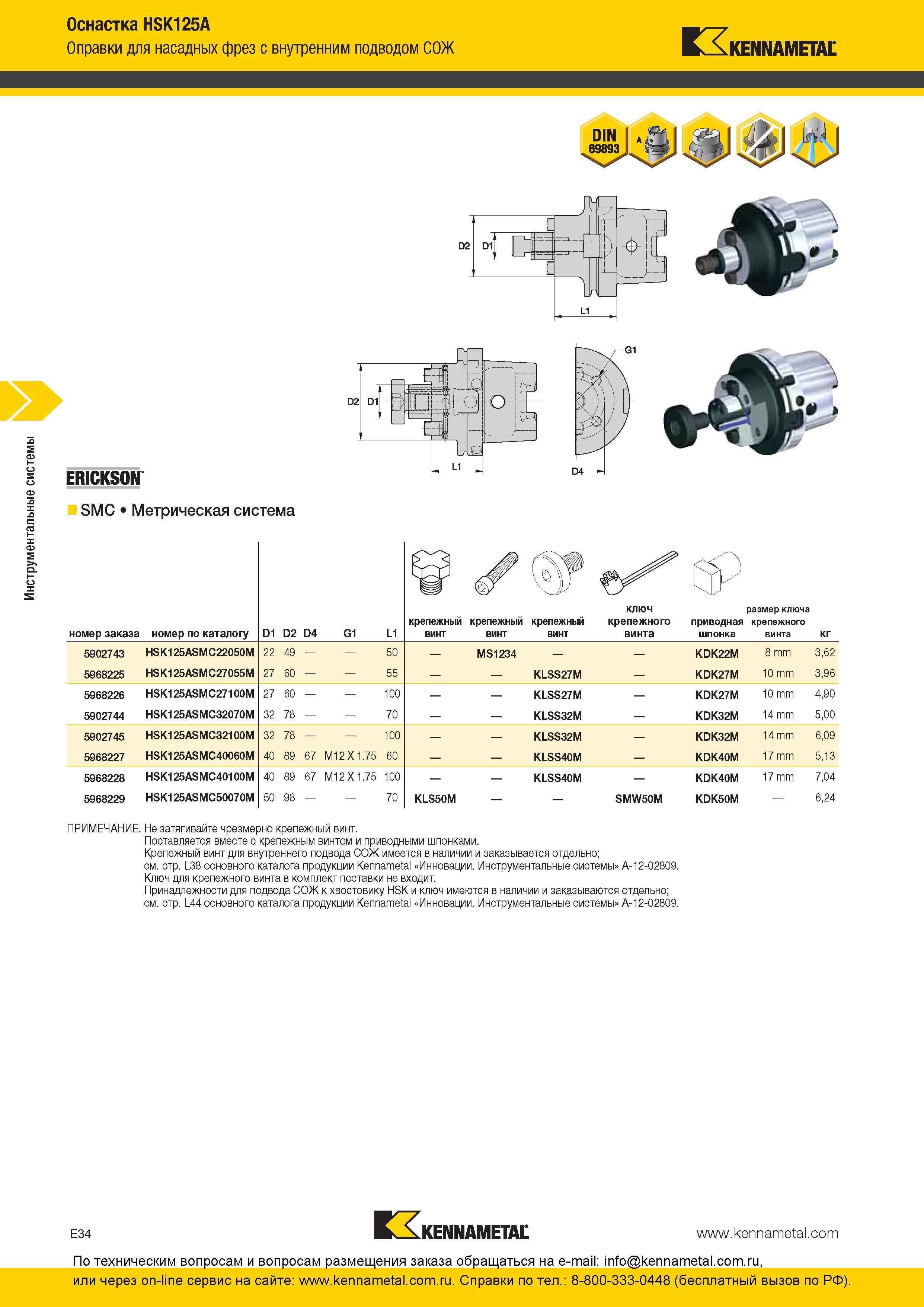 294 Инструментальные системы Оснастка Kennametal HSK125A Оправки для насадных фрез с внутренним подводом СОЖ ERICKSON SMC Метрическая система размер ключа Каталог KENNAMETAL 2016 Инновации Металлорежущий инструмент и инструментальная оснастка для обрабатывающего оборудования Стр. E34