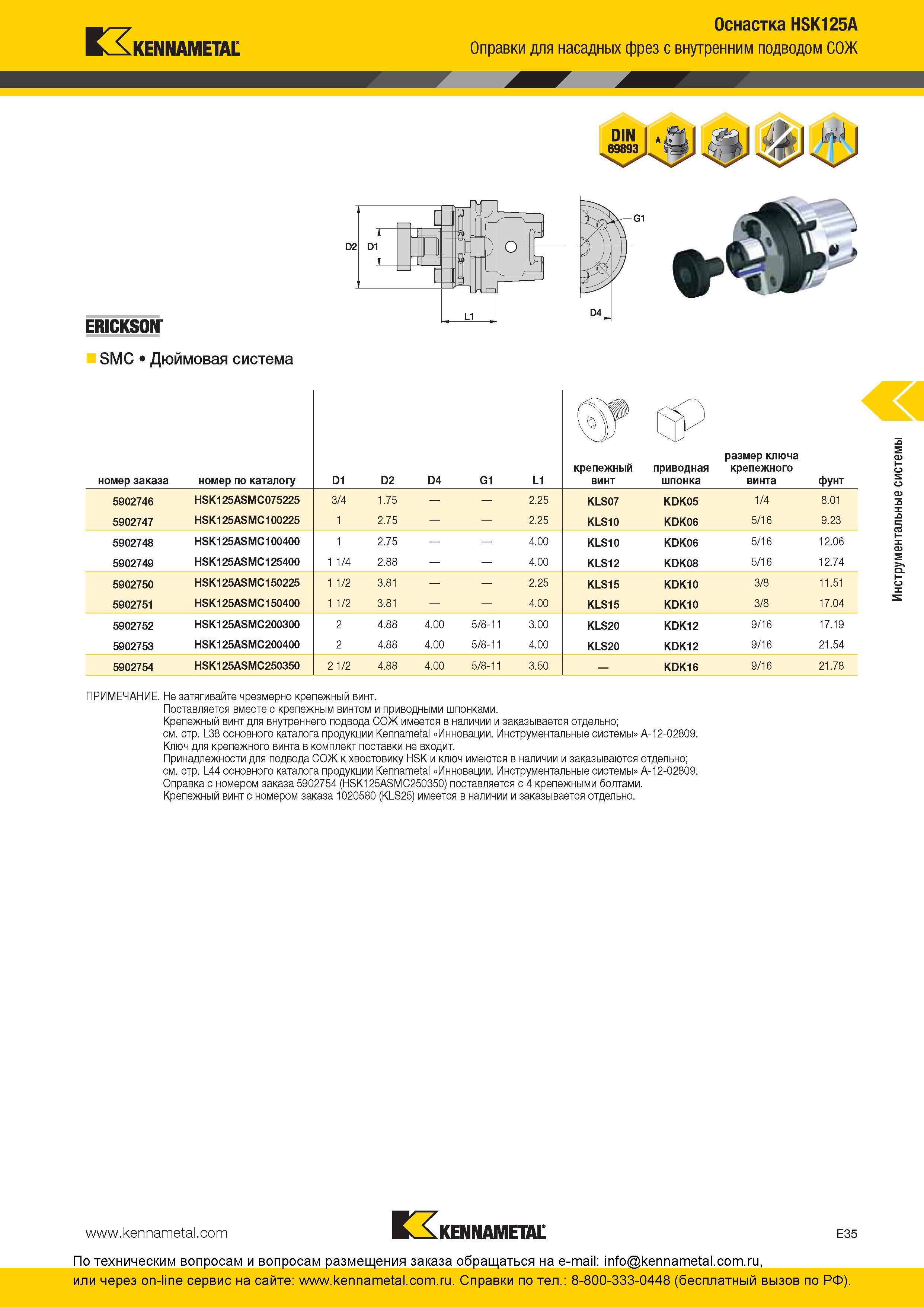 295 Оснастка HSK125A Оправки Kennametal для насадных фрез с внутренним подводом СОЖ ERICKSON SMC Дюймовая система ПРИМЕЧАНИЕ Не затягивайте чрезмерно креп Каталог KENNAMETAL 2016 Инновации Металлорежущий инструмент и инструментальная оснастка для обрабатывающего оборудования Стр. E35