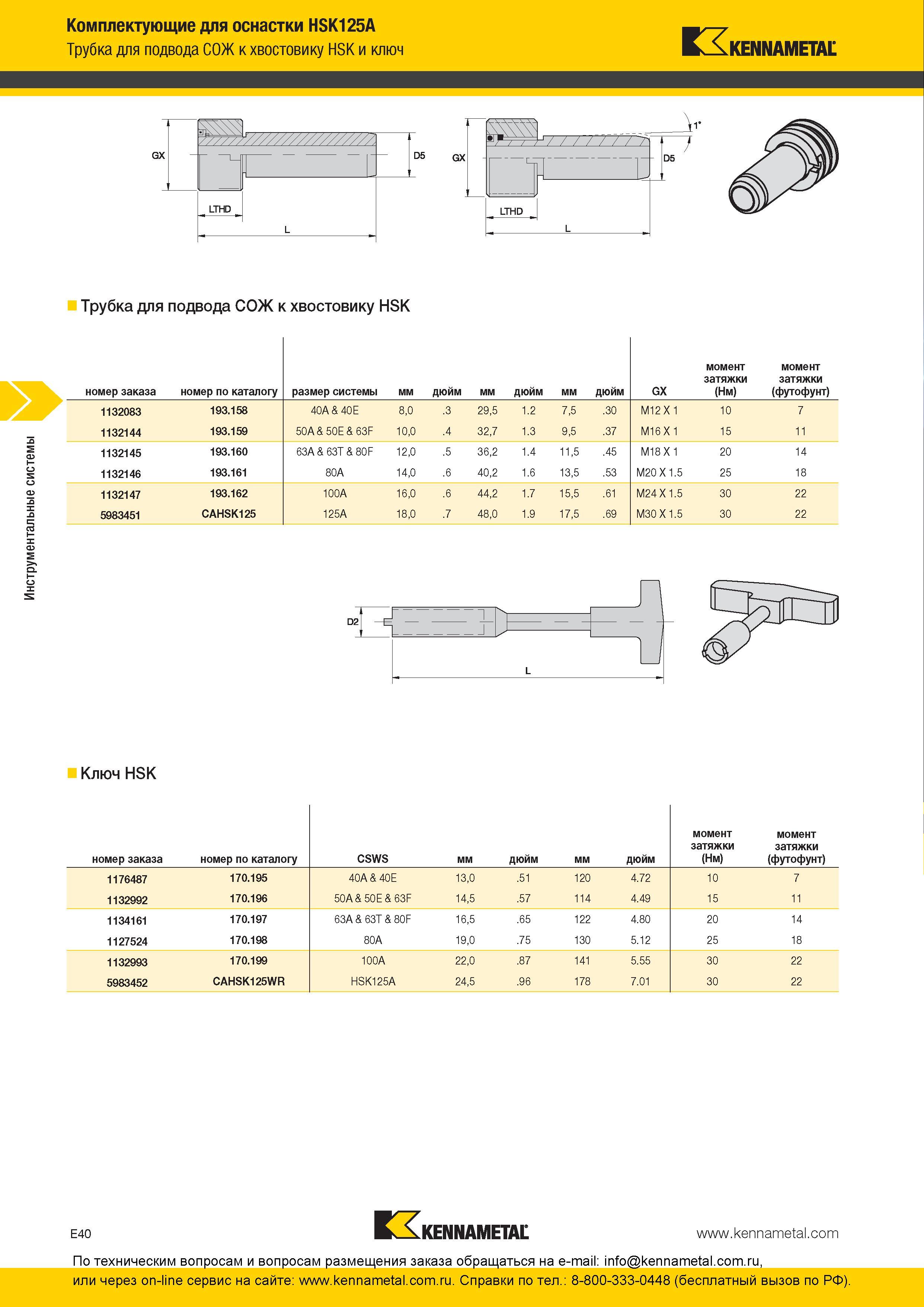 300 Комплектующие Kennametal для инструментальной оснастки с хвостовиком по стандарту HSK Трубка для подвода СОЖ и ключ GX LTHD 05 GX LTHD L Трубка для по Каталог KENNAMETAL 2016 Инновации Металлорежущий инструмент и инструментальная оснастка для обрабатывающего оборудования Стр. E40