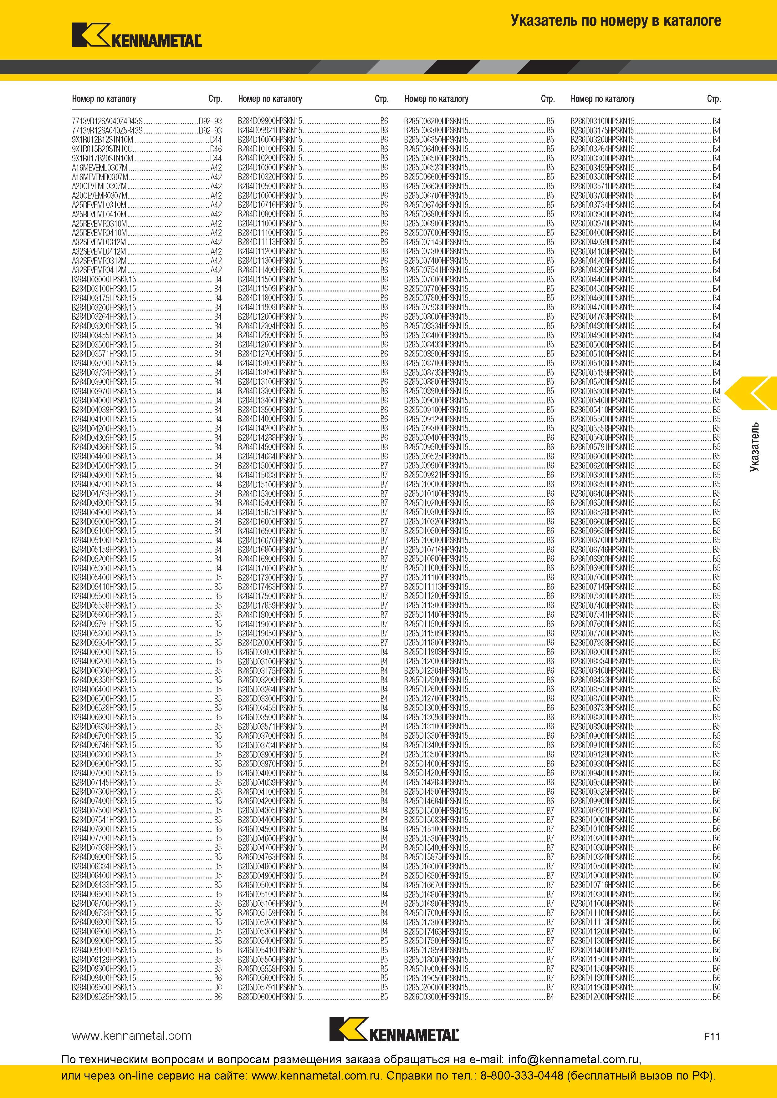 311 Указатель по номеру заказа каталога Kennametal 2016 года Номер по каталогу Стр 7713VR12SA040Z4R43S D92-93 B284D09900HPSKN15 B6 B285D06200HPSKN15 B5 B2 Каталог KENNAMETAL 2016 Инновации Металлорежущий инструмент и инструментальная оснастка для обрабатывающего оборудования Стр. F11