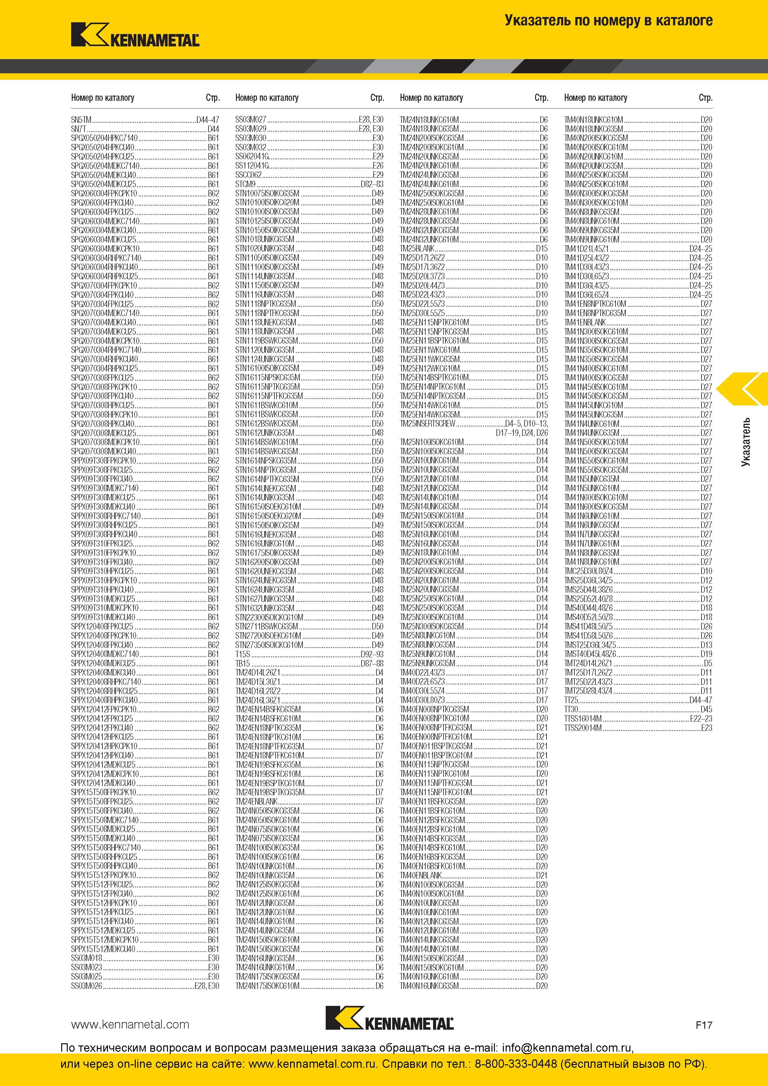317 Поисковый указатель по номеру в инструментальном каталоге KENNAMETAL Номер по каталогу Стр SN5IM D44-47 SS03M027 E28 E30 IM24N18UNKC610M D6 IM40N18UNK Каталог KENNAMETAL 2016 Инновации Металлорежущий инструмент и инструментальная оснастка для обрабатывающего оборудования Стр. F17