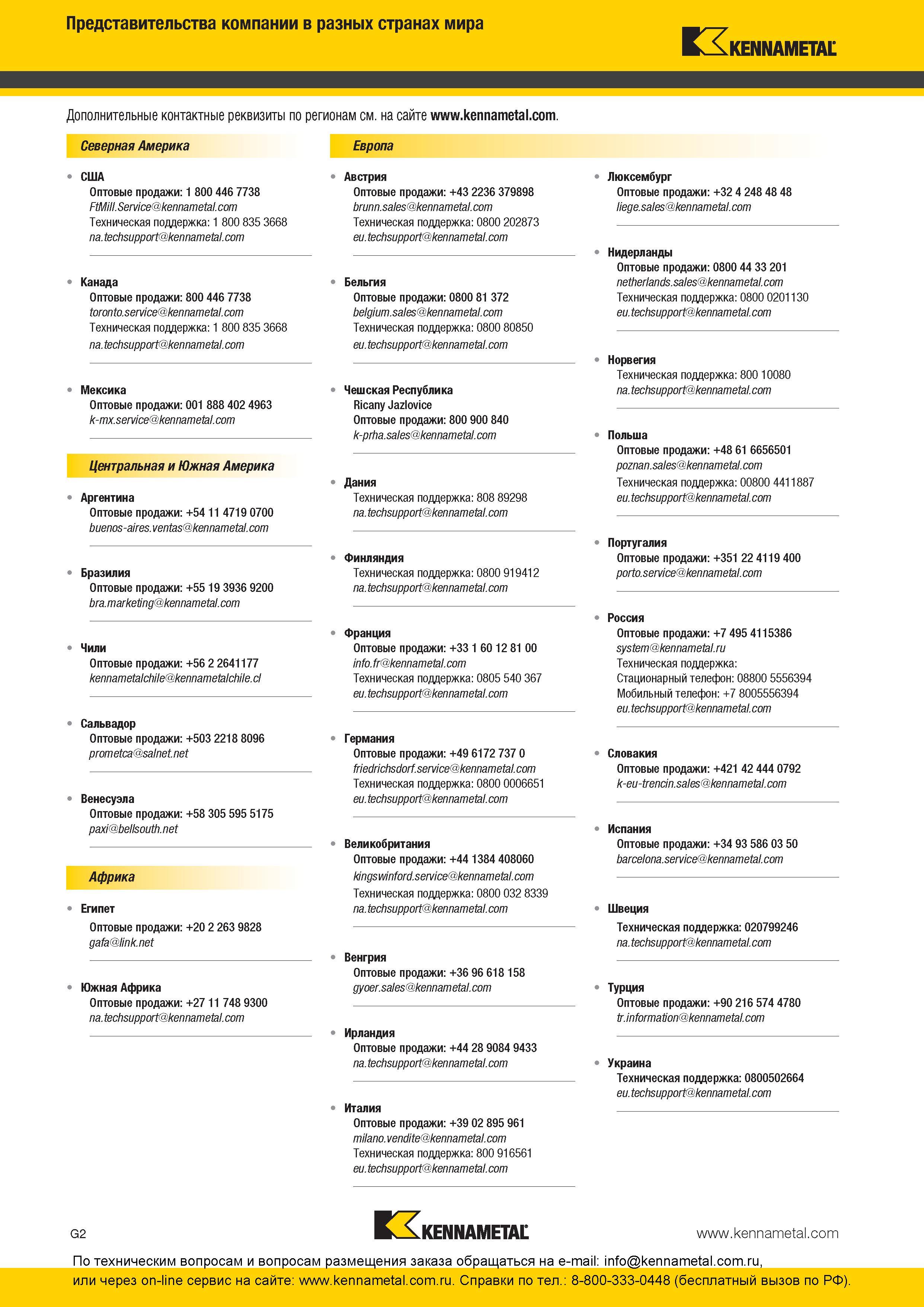 318 Представительства компании KENNAMETAL в разных странах мира Дополнительные контактные реквизиты по регионам Северная Америка Европа США Австрия Оптовы Каталог KENNAMETAL 2016 Инновации Металлорежущий инструмент и инструментальная оснастка для обрабатывающего оборудования Стр. G2