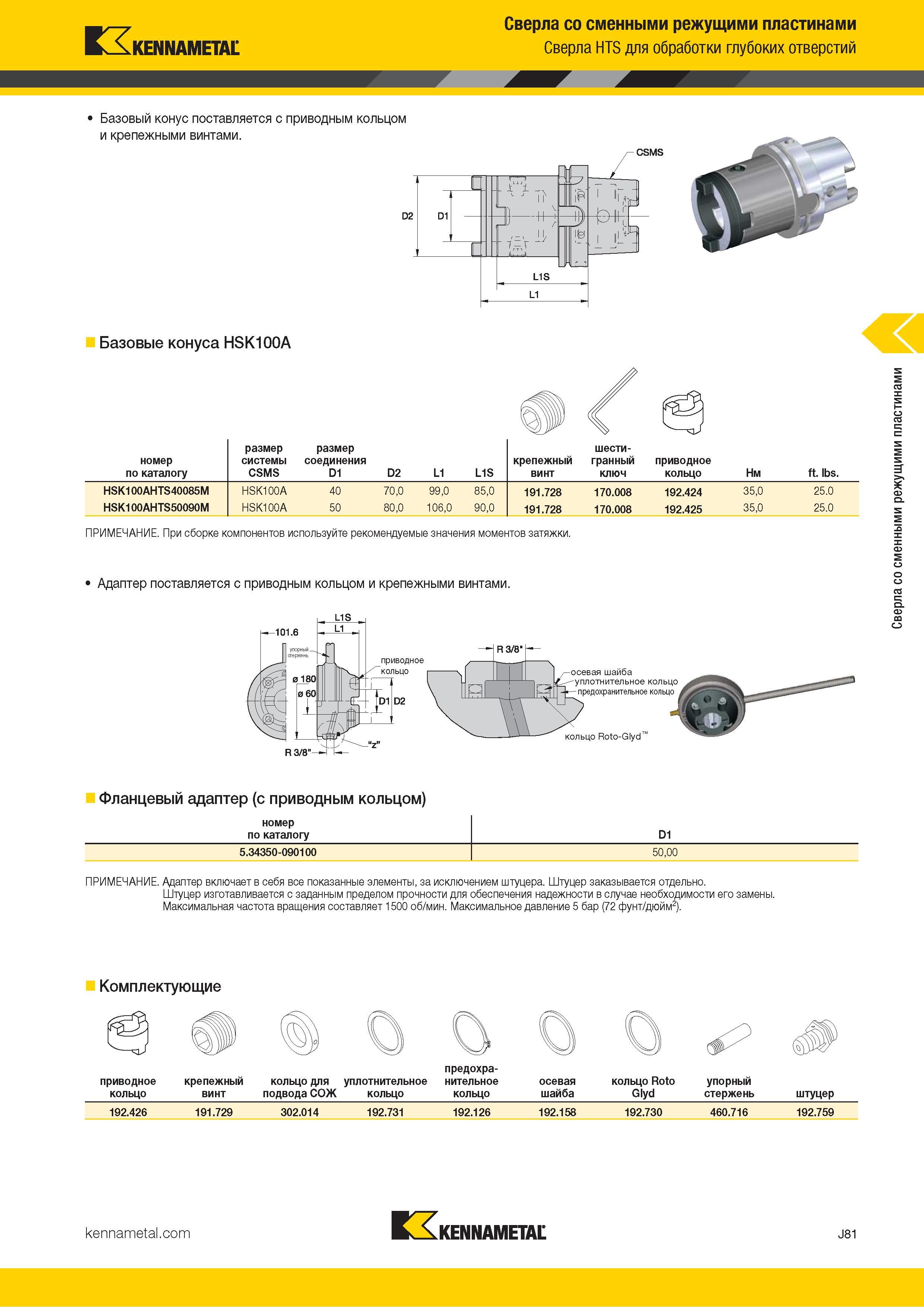 405 Kennametal Сверла со сменными режущими пластинами Сверла HTS для сверления глубоких отверстий Базовый конус поставляется с приводным кольцом и крепеж Каталог KENNAMETAL 2018 Режущий инструмент для обработки отверстий в металлах и сплавах Быстрорежущие метчики и раскатники Сборные фрезы с СРП и твердосплавные Стр. J81