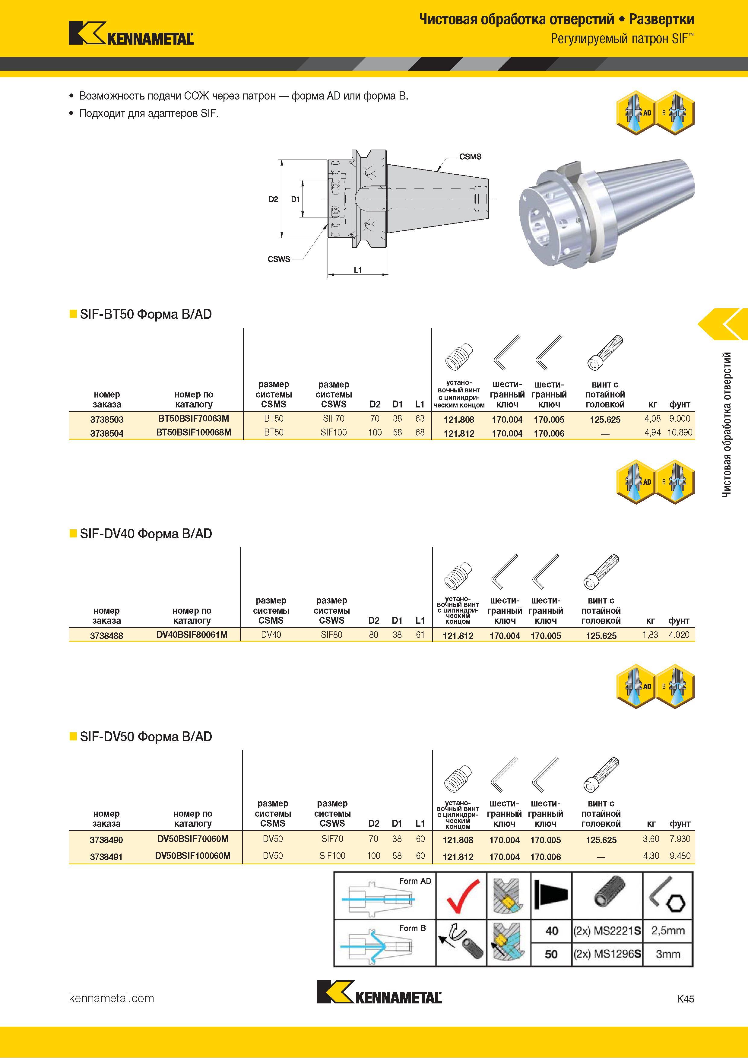 471 Kennametal Чистовая обработка отверстий Развертки Регулируемый патрон SIF SIF-BT50 Форма B/AD номер заказа номер по каталогу размер системы CSMS разм Каталог KENNAMETAL 2018 Режущий инструмент для обработки отверстий в металлах и сплавах Быстрорежущие метчики и раскатники Сборные фрезы с СРП и твердосплавные Стр. K45