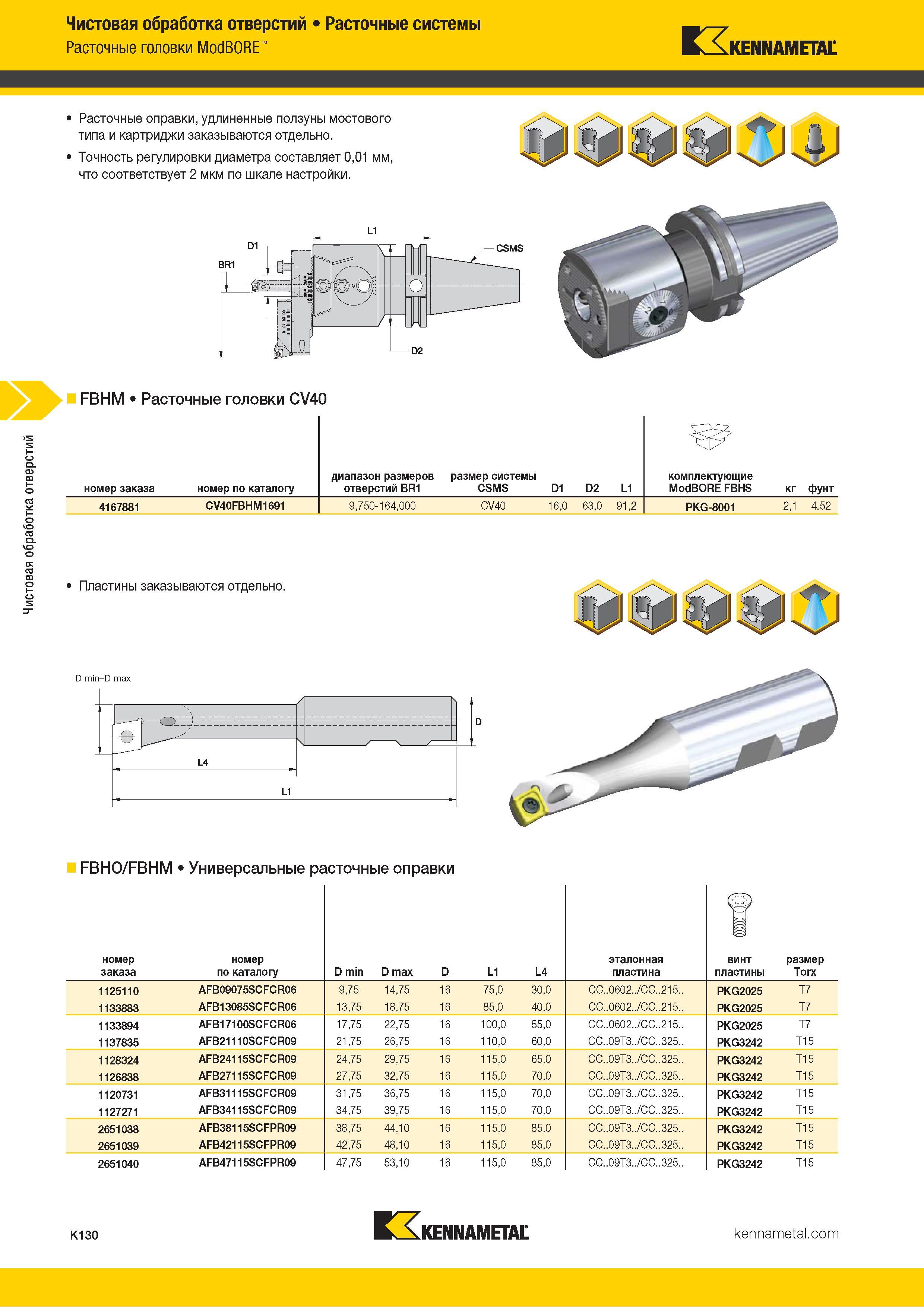 556 Чистовая обработка отверстий Расточные системы Расточные головки ModBORE Kennametal Расточные оправки, удлиненные ползуны мостового типа и картриджи Каталог KENNAMETAL 2018 Режущий инструмент для обработки отверстий в металлах и сплавах Быстрорежущие метчики и раскатники Сборные фрезы с СРП и твердосплавные Стр. K130