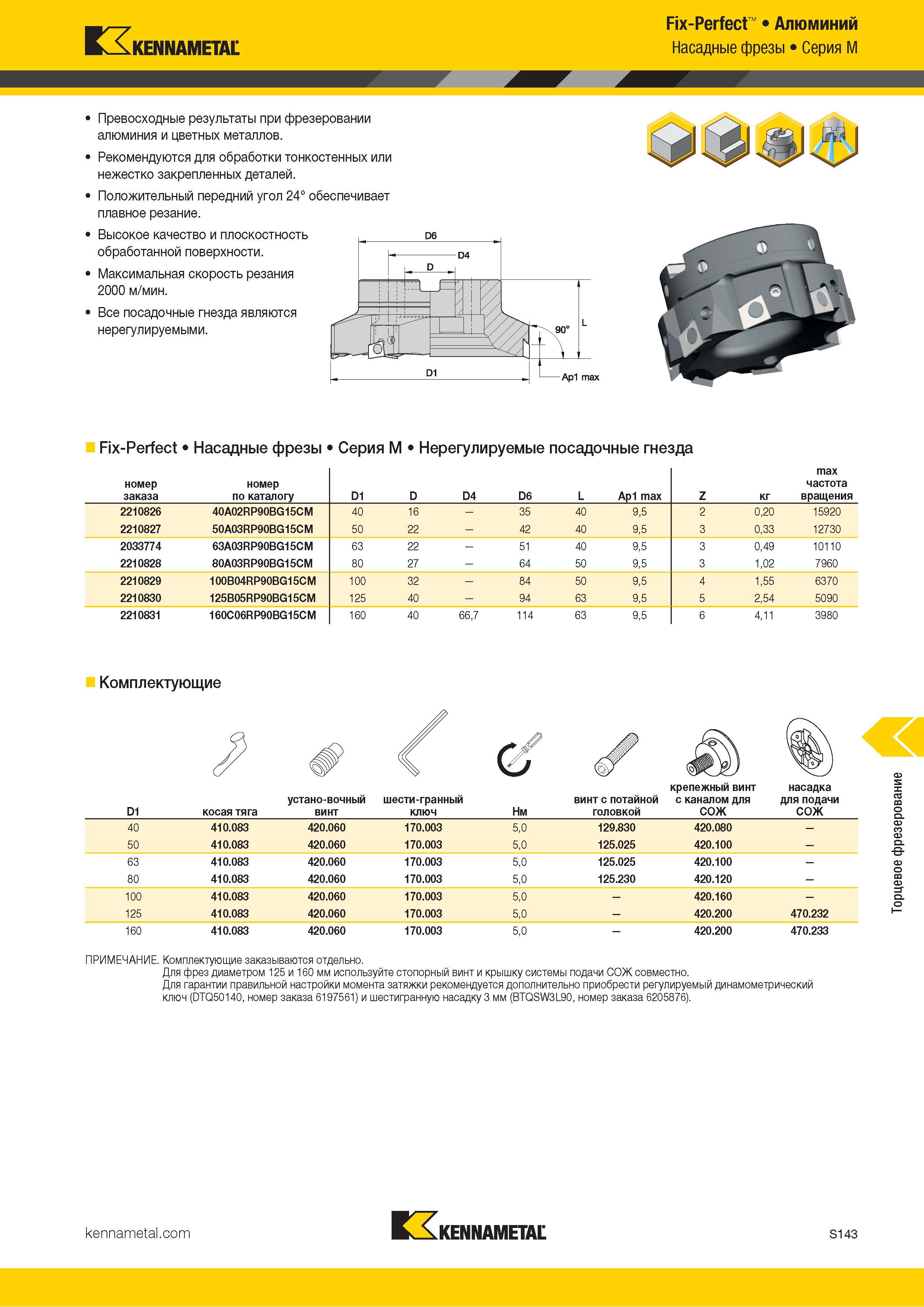 1261 Kennametal Fix-Perfect Алюминий Насадные фрезы Серия M Превосходные результаты при фрезеровании алюминия и цветных металлов Рекомендуются для обработ Каталог KENNAMETAL 2018 Режущий инструмент для обработки отверстий в металлах и сплавах Быстрорежущие метчики и раскатники Сборные фрезы с СРП и твердосплавные Стр. S143