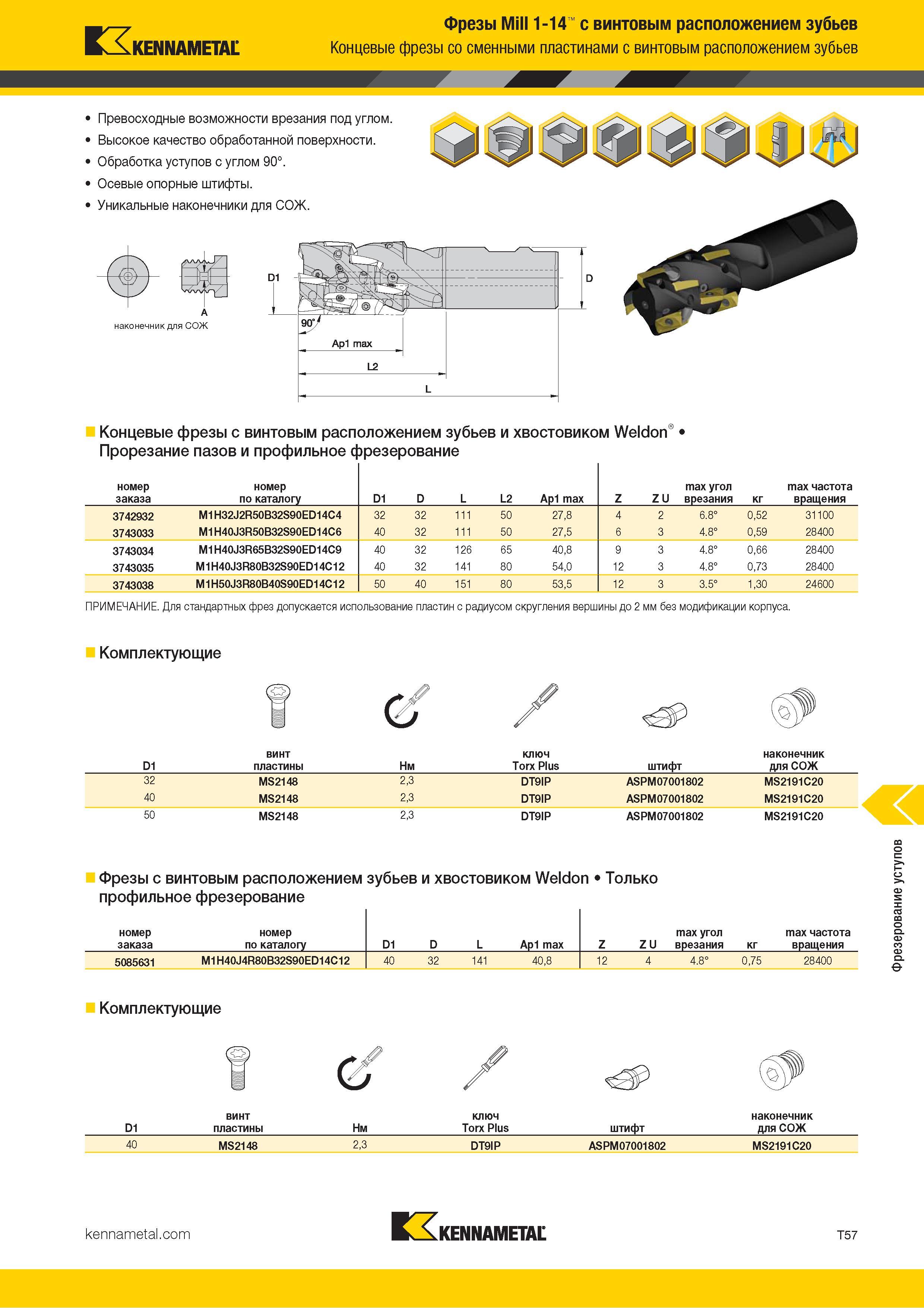 1327 Kennametal Фрезы Mill 1-14 с винтовым расположением зубьев Концевые фрезы со сменными пластинами с винтовым расположением зубьев Превосходные возможн Каталог KENNAMETAL 2018 Режущий инструмент для обработки отверстий в металлах и сплавах Быстрорежущие метчики и раскатники Сборные фрезы с СРП и твердосплавные Стр. T57