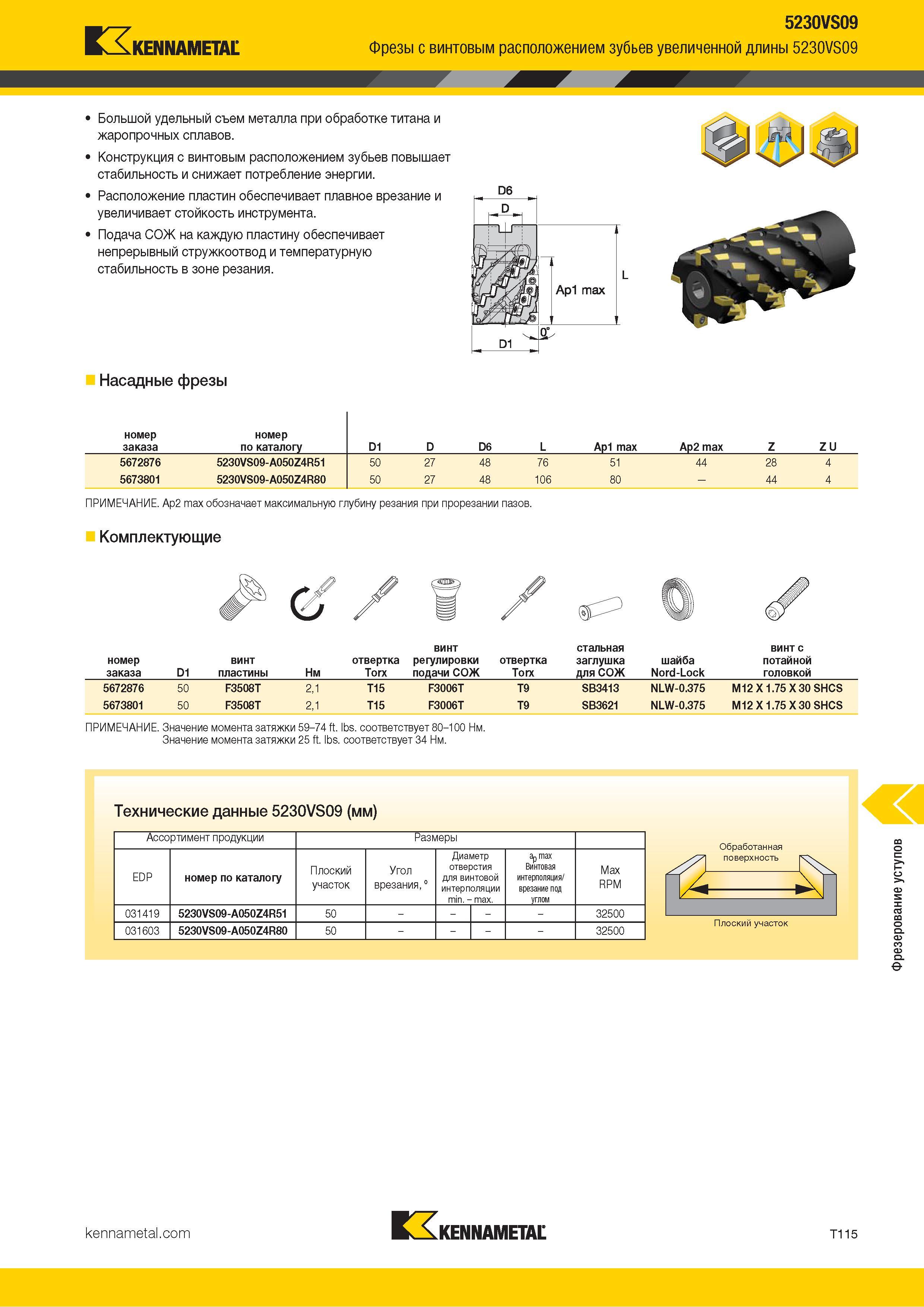1385 Kennametal 5230VS09 Фрезы с винтовым расположением зубьев увеличенной длины 5230VS09 Большой удельный съем металла при обработке титана и жаропрочных Каталог KENNAMETAL 2018 Режущий инструмент для обработки отверстий в металлах и сплавах Быстрорежущие метчики и раскатники Сборные фрезы с СРП и твердосплавные Стр. T115