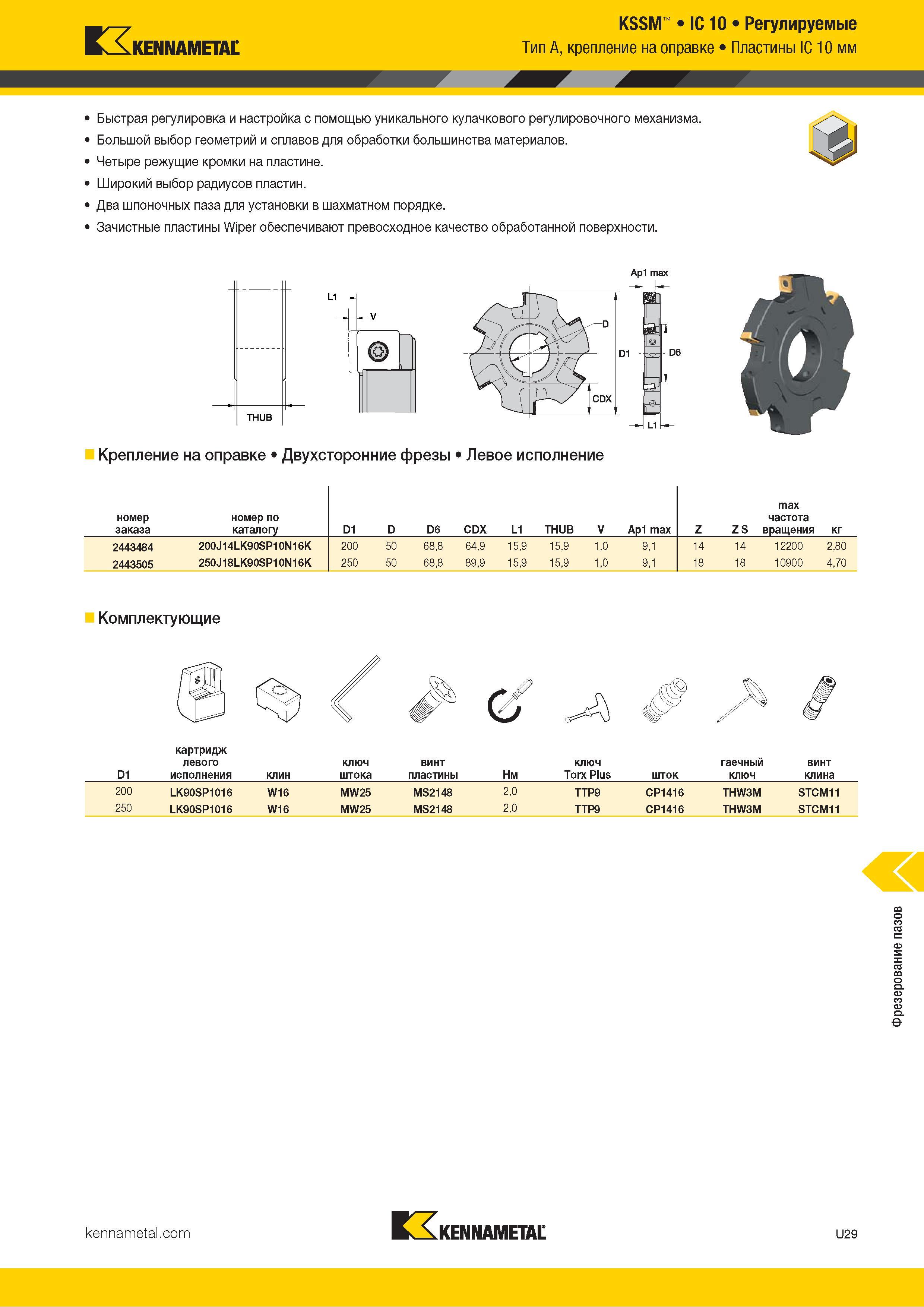 1423 Kennametal KSSM IC 10 Регулируемые Тип A, крепление на оправке Пластины IC 10 мм Быстрая регулировка и настройка с помощью уникального кулачкового ре Каталог KENNAMETAL 2018 Режущий инструмент для обработки отверстий в металлах и сплавах Быстрорежущие метчики и раскатники Сборные фрезы с СРП и твердосплавные Стр. U29