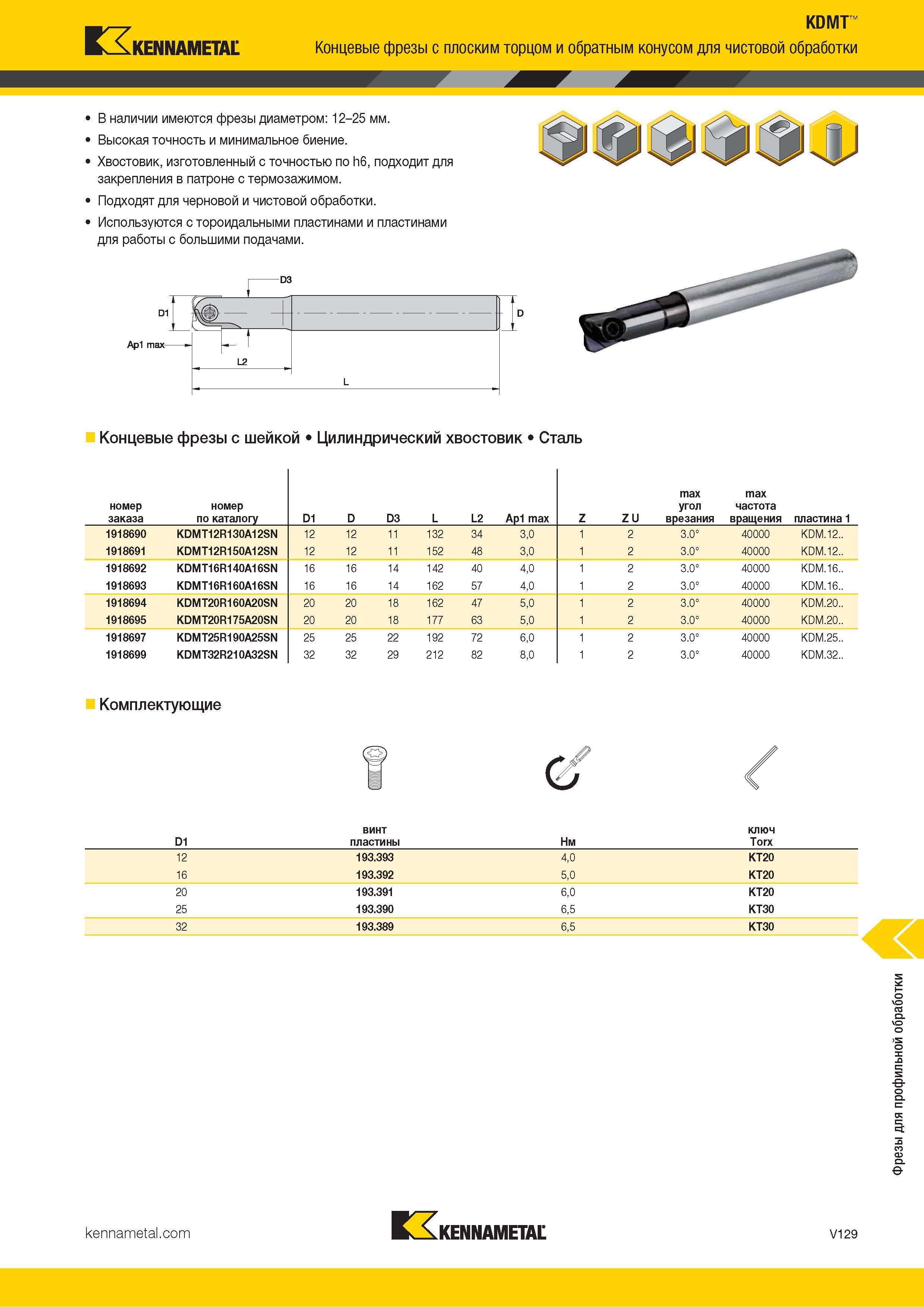 1577 Kennametal KDMT Концевые фрезы с плоским торцом и обратным конусом для чистовой обработки В наличии имеются фрезы диаметром: 12-25 мм Высокая точност Каталог KENNAMETAL 2018 Режущий инструмент для обработки отверстий в металлах и сплавах Быстрорежущие метчики и раскатники Сборные фрезы с СРП и твердосплавные Стр. V129