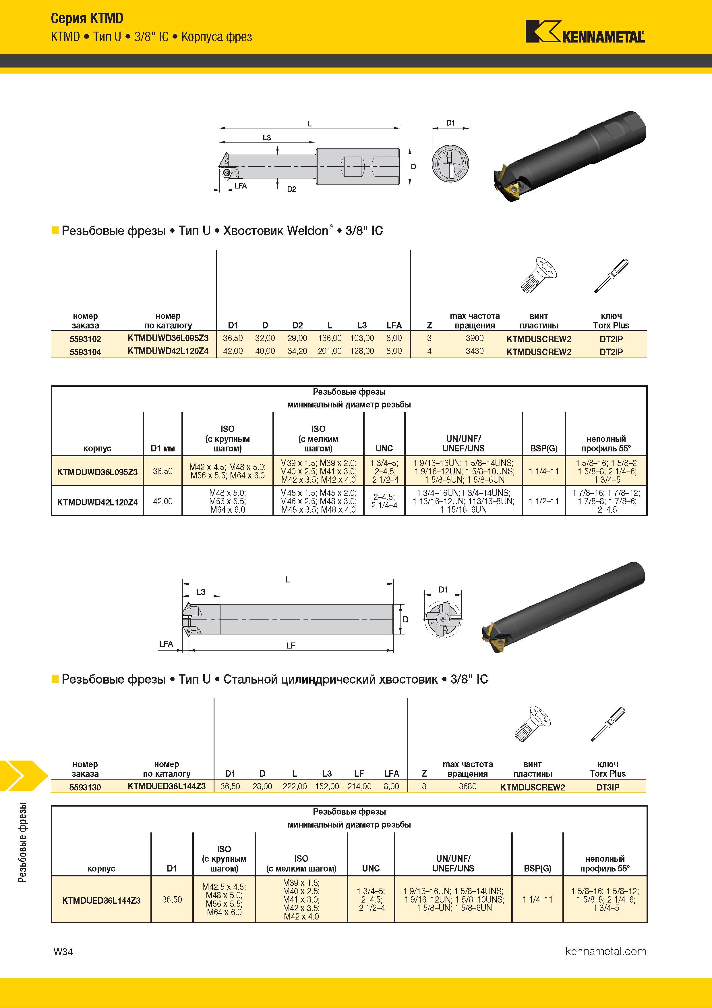 1640 Резьбовые фрезы Серия KTMD KTMD Тип U 3/8 IC Корпуса фрез Kennametal Резьбовые фрезы Тип U Хвостовик Weldon 3/8 IC / номер заказа номер по каталогу D Каталог KENNAMETAL 2018 Режущий инструмент для обработки отверстий в металлах и сплавах Быстрорежущие метчики и раскатники Сборные фрезы с СРП и твердосплавные Стр. W34