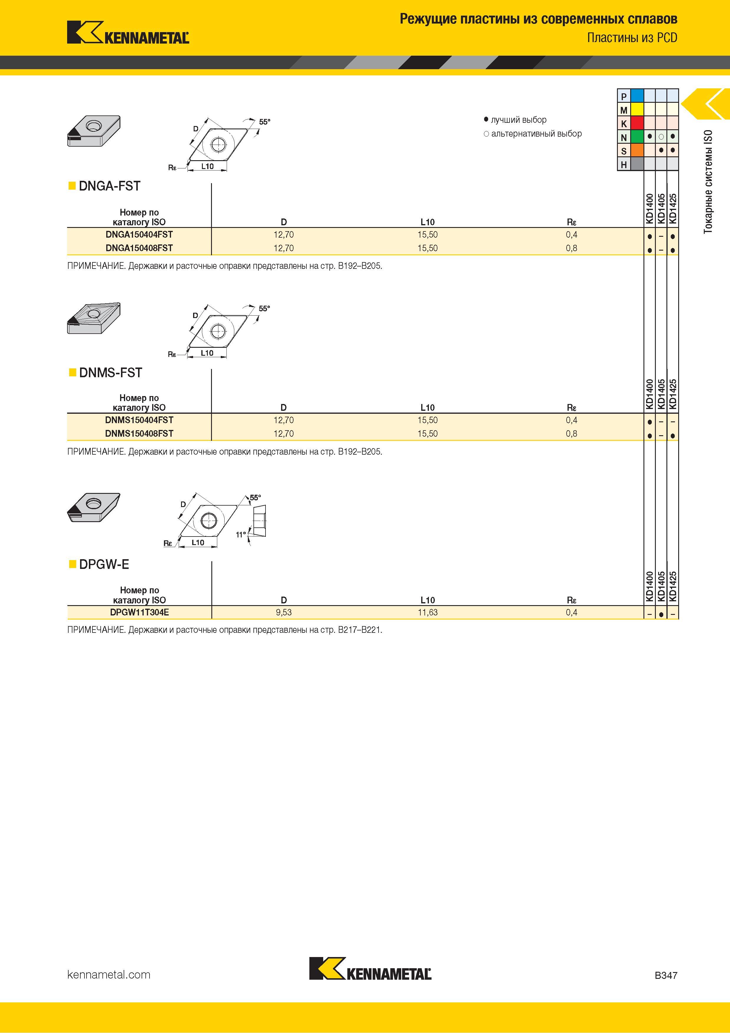 369 Kennametal Режущие пластины из современных сплавов Пластины из PCD Лучший и альтернативный выбор DNGA-FST Номер по каталогу ISO L10 Re DNGA150404FST D Каталог KENNAMETAL 2018 Инструмент токарный Резцы и державки с режущими сменными пластинами для наружного точения и внутреннего растачивания на станках Стр. B347