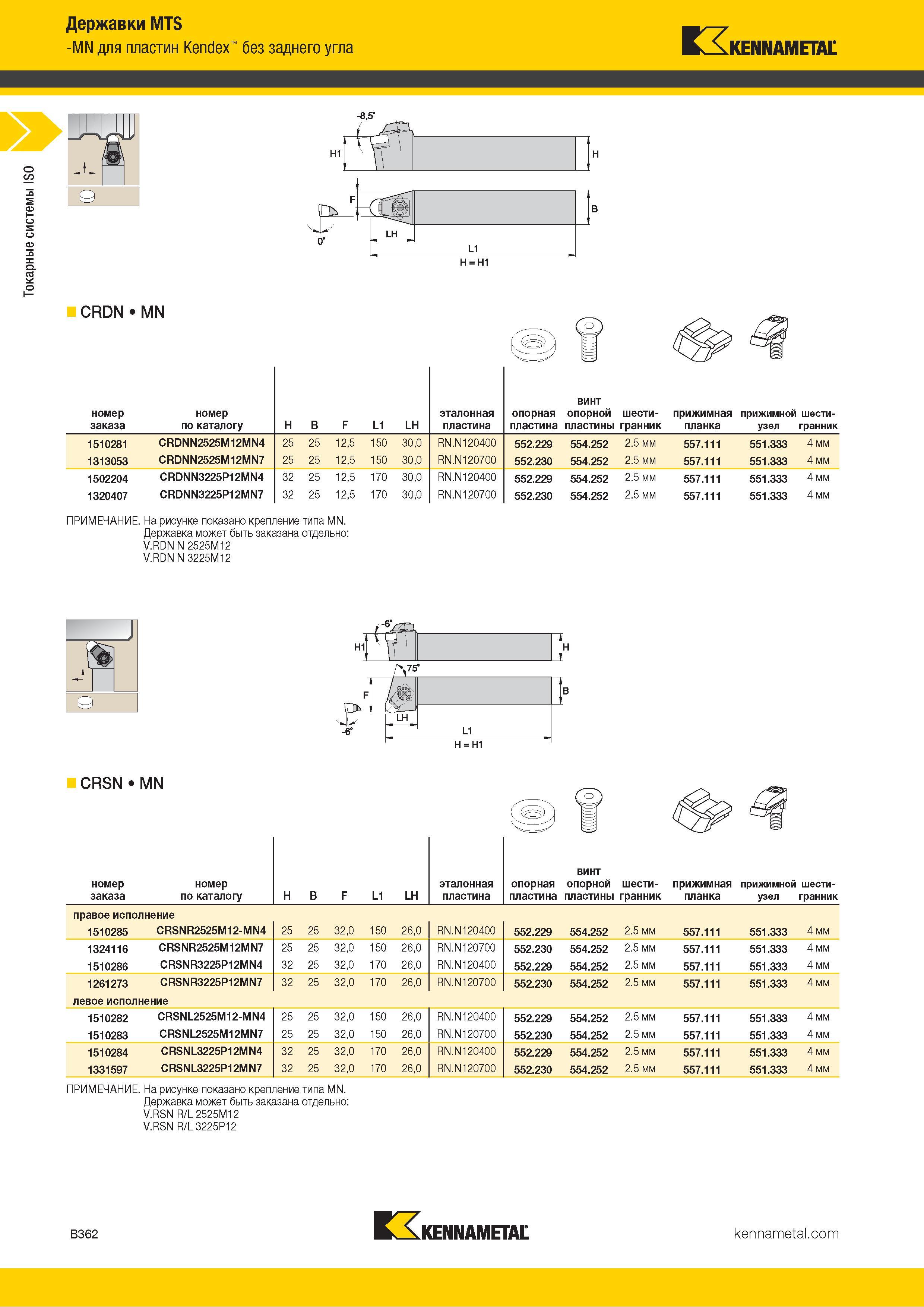 384 Токарные системы ISO Державки MTS -MN для пластин Kendex без заднего угла Kennametal f 0 Н = Н1 CRDN MN Номер заказа по каталогу H B F L1 LH эталонная Каталог KENNAMETAL 2018 Инструмент токарный Резцы и державки с режущими сменными пластинами для наружного точения и внутреннего растачивания на станках Стр. B362