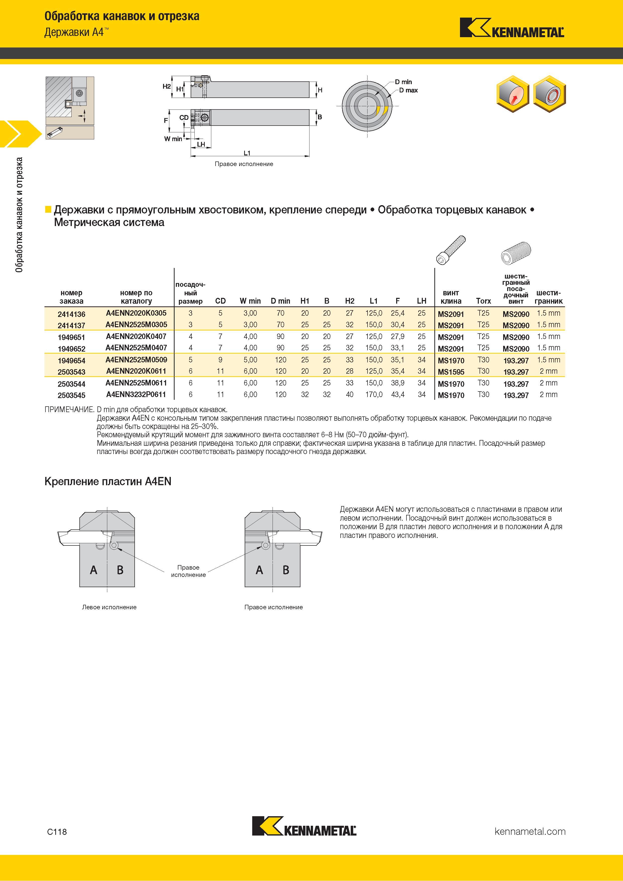 528 Обработка канавок и отрезка Обработка канавок и отрезка Державки A4 Kennametal 11 -1 Н2 1 hi - Н11 1 F ФШ W min - L1 Правое исполнение Державки с прям Каталог KENNAMETAL 2018 Инструмент токарный Резцы и державки с режущими сменными пластинами для наружного точения и внутреннего растачивания на станках Стр. C118