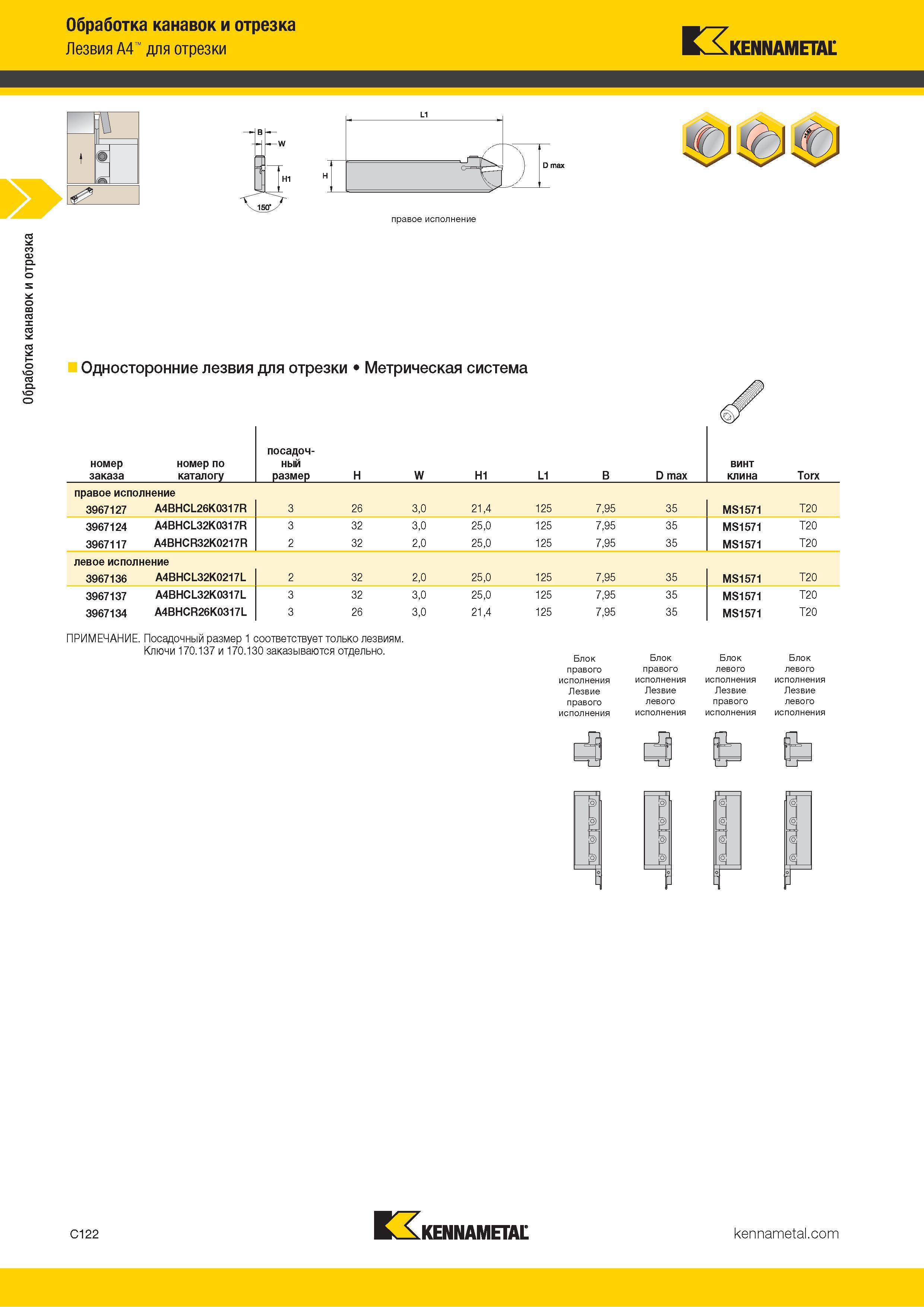532 Обработка канавок и отрезка Обработка канавок и отрезка Лезвия A4 для отрезки Kennametal f J\\ <0 правое исполнение Односторонние лезвия для отрезки М Каталог KENNAMETAL 2018 Инструмент токарный Резцы и державки с режущими сменными пластинами для наружного точения и внутреннего растачивания на станках Стр. C122