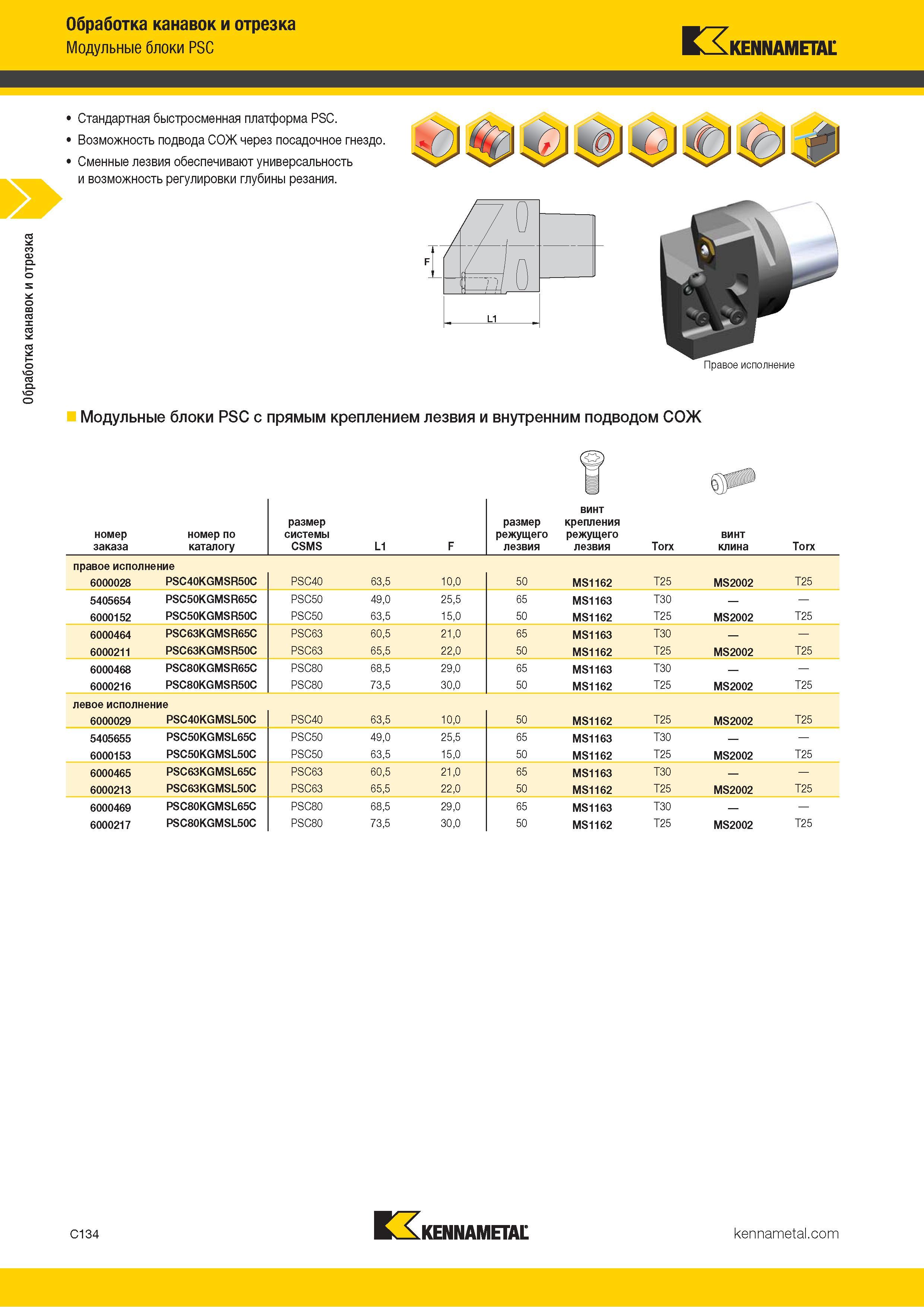 544 Обработка канавок и отрезка Обработка канавок и отрезка Модульные блоки PSC KLKennametal Стандартная быстросменная платформа PSC Возможность подвода С Каталог KENNAMETAL 2018 Инструмент токарный Резцы и державки с режущими сменными пластинами для наружного точения и внутреннего растачивания на станках Стр. C134