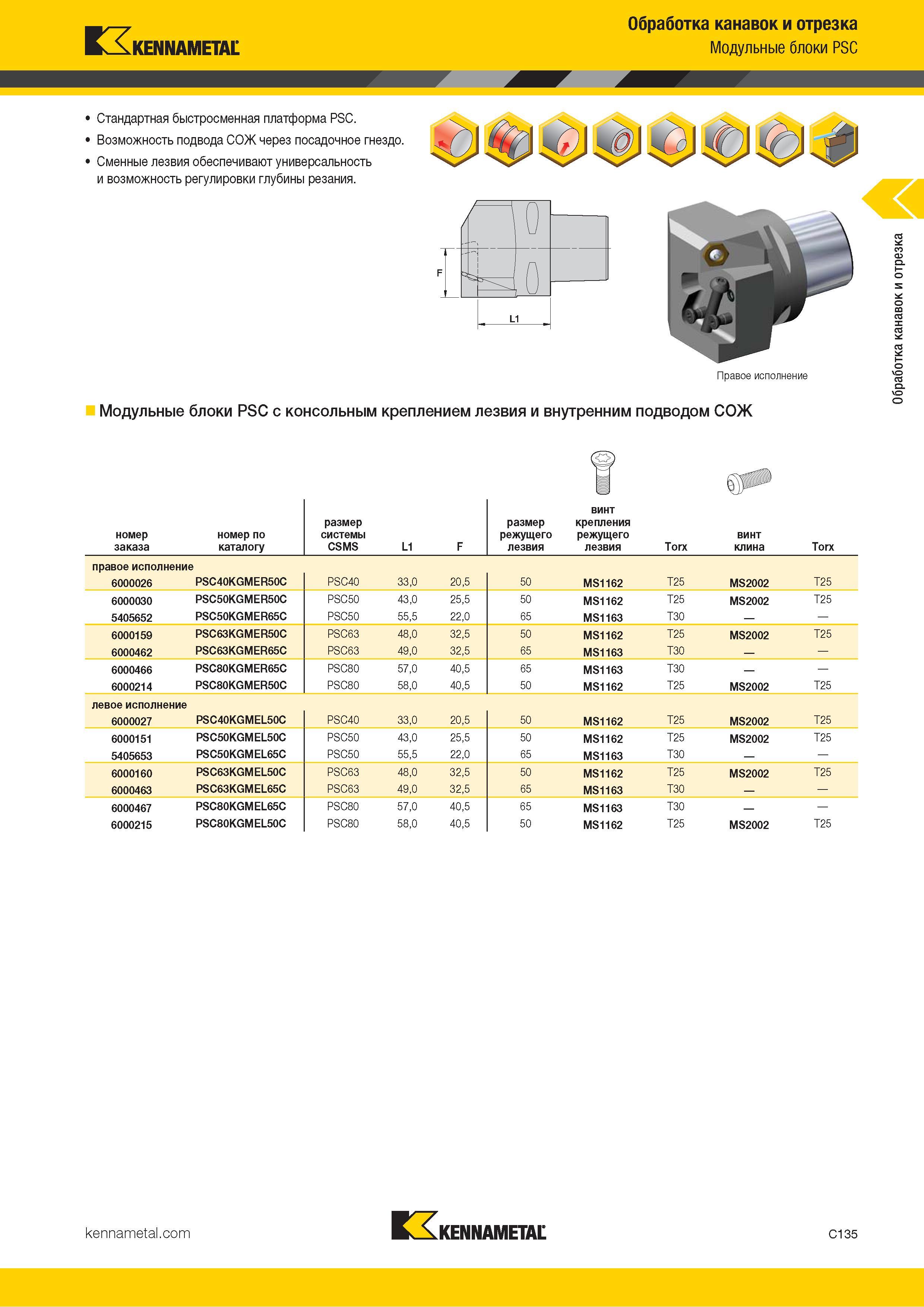 545 Kennametal Обработка канавок и отрезка Модульные блоки PSC Стандартная быстросменная платформа PSC Возможность подвода СОЖ через посадочное гнездо Сме Каталог KENNAMETAL 2018 Инструмент токарный Резцы и державки с режущими сменными пластинами для наружного точения и внутреннего растачивания на станках Стр. C135