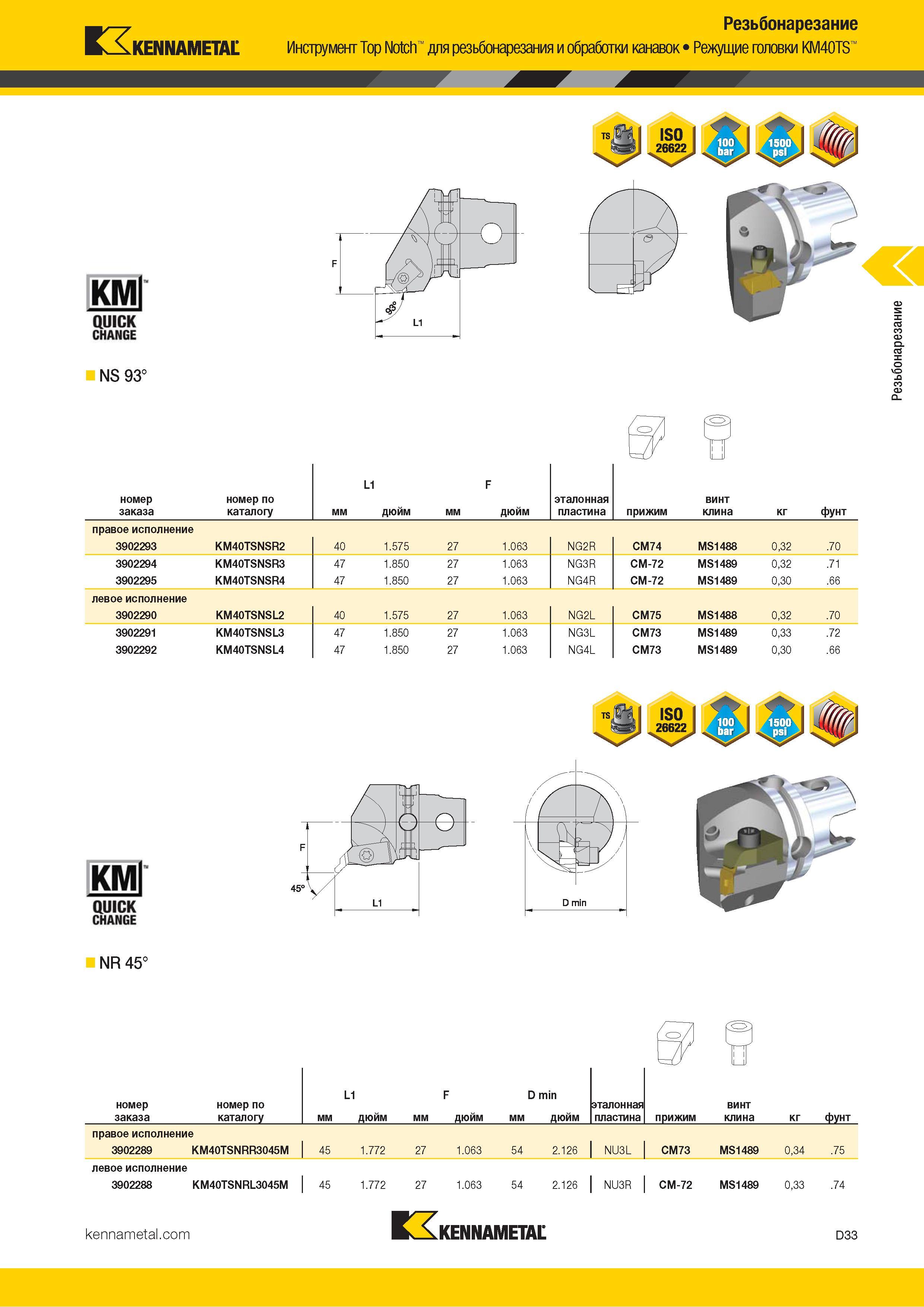 623 щт-7 Резьбонарезание K4A KENNAMETAL Инструмент Top Notch для резьбонарезания и обработки канавок Режущие головки KM40TS КМ QUICK CHANGE NS 93° номер з Каталог KENNAMETAL 2018 Инструмент токарный Резцы и державки с режущими сменными пластинами для наружного точения и внутреннего растачивания на станках Стр. D33