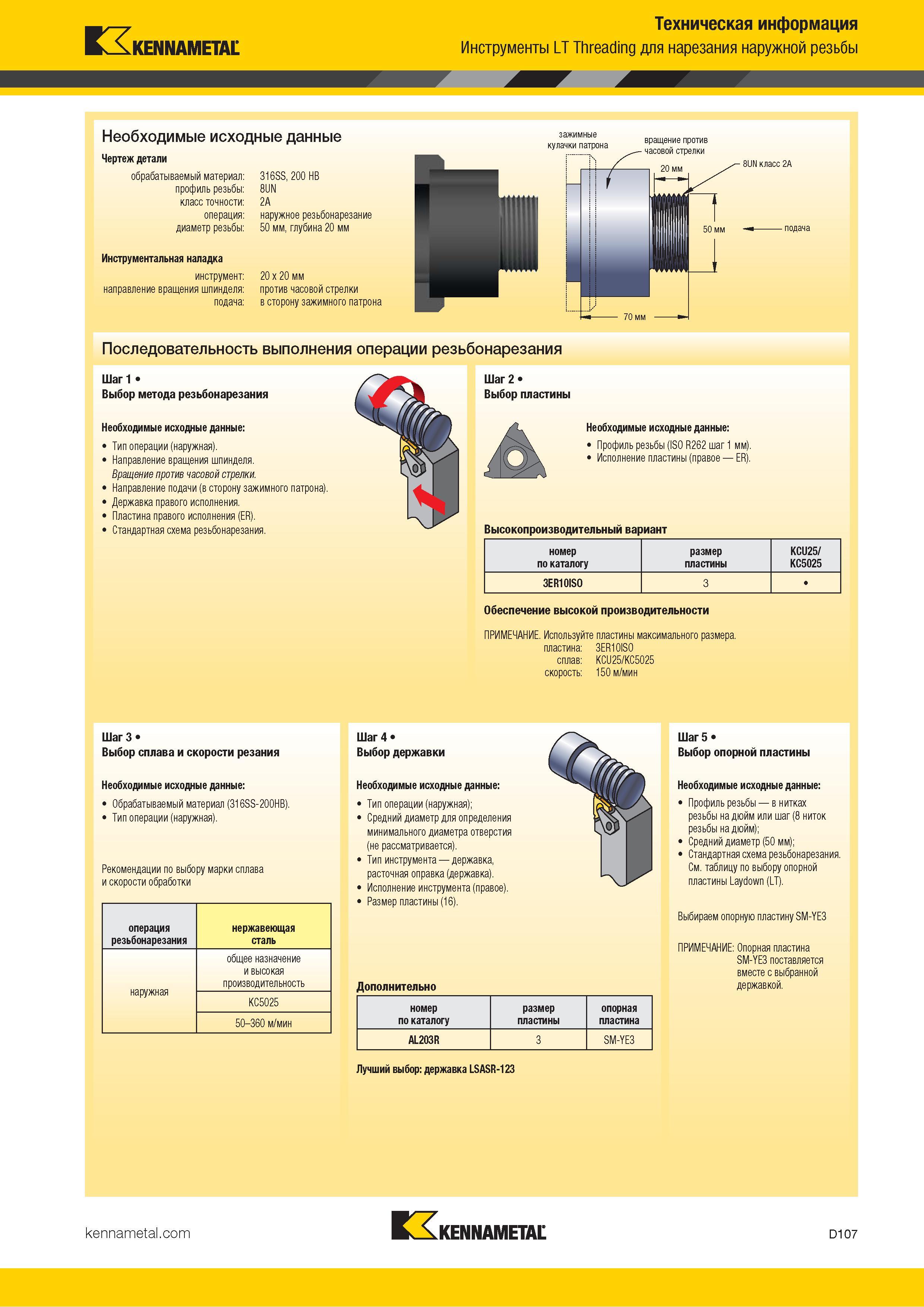 697 Kennametal Техническая информация Инструменты LT Threading для нарезания наружной резьбы Необходимые исходные данные Чертеж детали обрабатываемый мате Каталог KENNAMETAL 2018 Инструмент токарный Резцы и державки с режущими сменными пластинами для наружного точения и внутреннего растачивания на станках Стр. D107